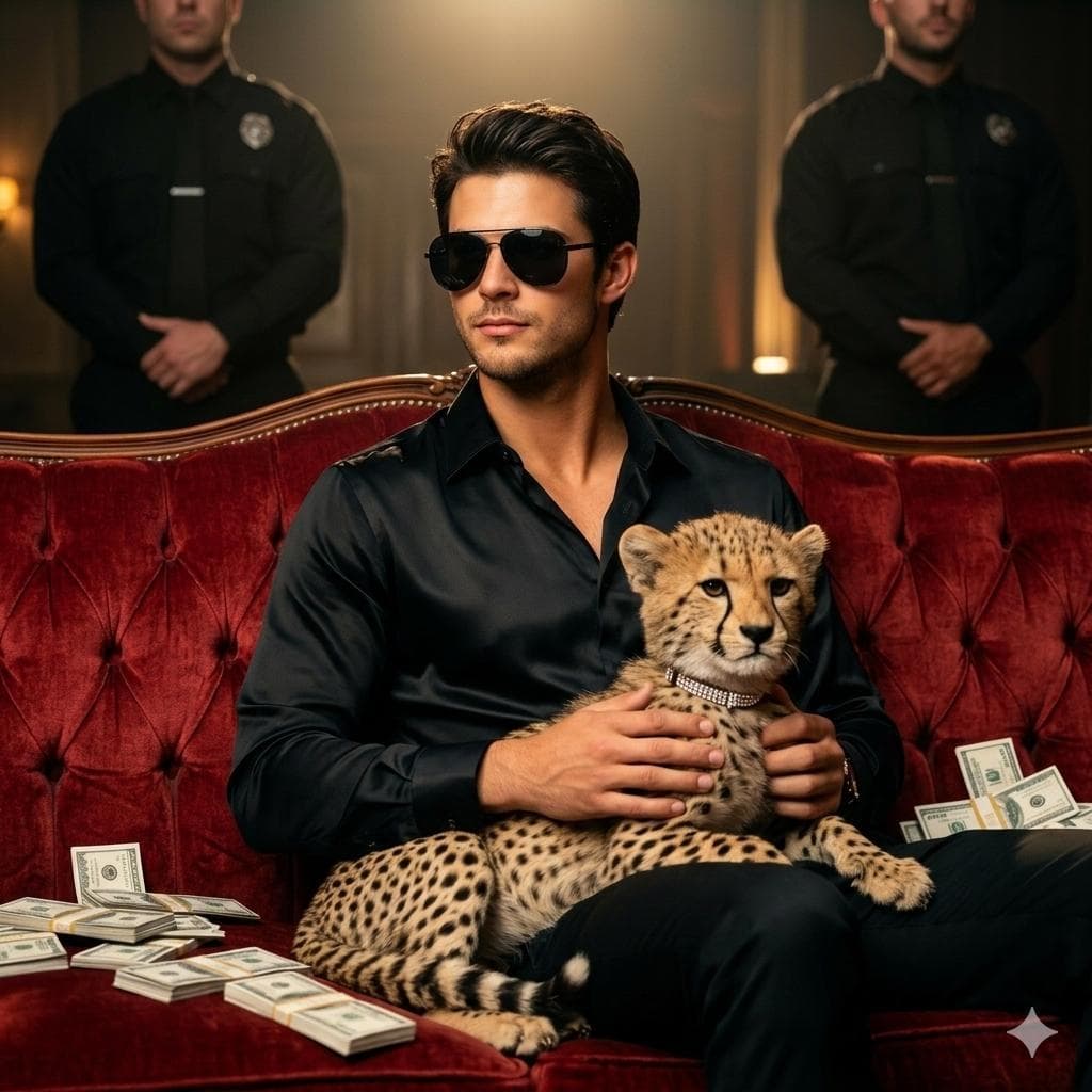 Using the reference picture, create A stylish man sitting on a luxurious vintage red velvet sofa, wearing black silk shirt, sunglasses, confi-dently holding a cheetah adorned with cinematic lighting, dollars are spread on sofa too and there…