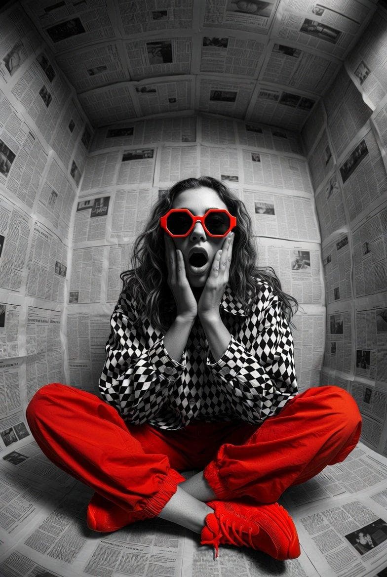 Hyper-realistic editorial photo shot at eye level with a 12mm ultra-wide lens, full-frame camera, deep focus, and visible barrel distortion with curved room edges. A small rectangular room fully covered in real newspaper pages—walls, floor, and ceiling—showing crisp text, ink bleed, and paper texture. A woman sits cross-legged on the floor, hands pressed to her cheeks, mouth in a shocked “O.” Long wavy hair, natural skin texture with visible pores and subtle freckles. She wears red octagonal sunglasses, a black-and-white checkered harlequin jacket, vibrant…