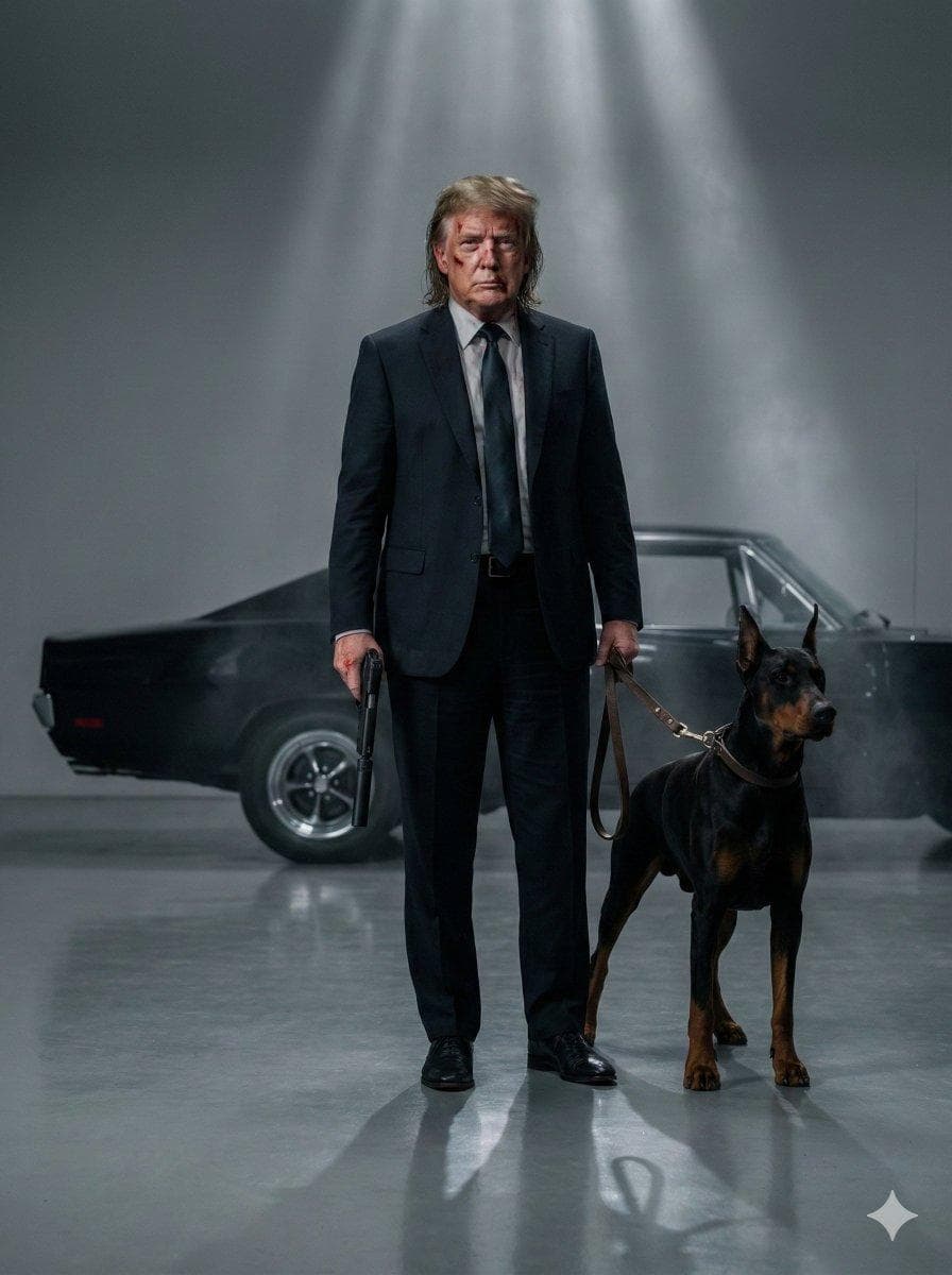 Full body cinematic shot of the person in the uploaded image as a hitman in a tailored black suit and tie standing in an empty studio space beside a muscular Doberman dog on a leash. The man has a bruised face with blood marks, messy shoulder-length hair, and a calm but intense expression. He is holding a pistol in one hand. Behind them is a vintage black muscle car with chrome rims partially visible in soft shadow. Minimalist grey background, dramatic studio lighting from above creating soft reflections on the glossy floor. Ultra realistic skin texture…