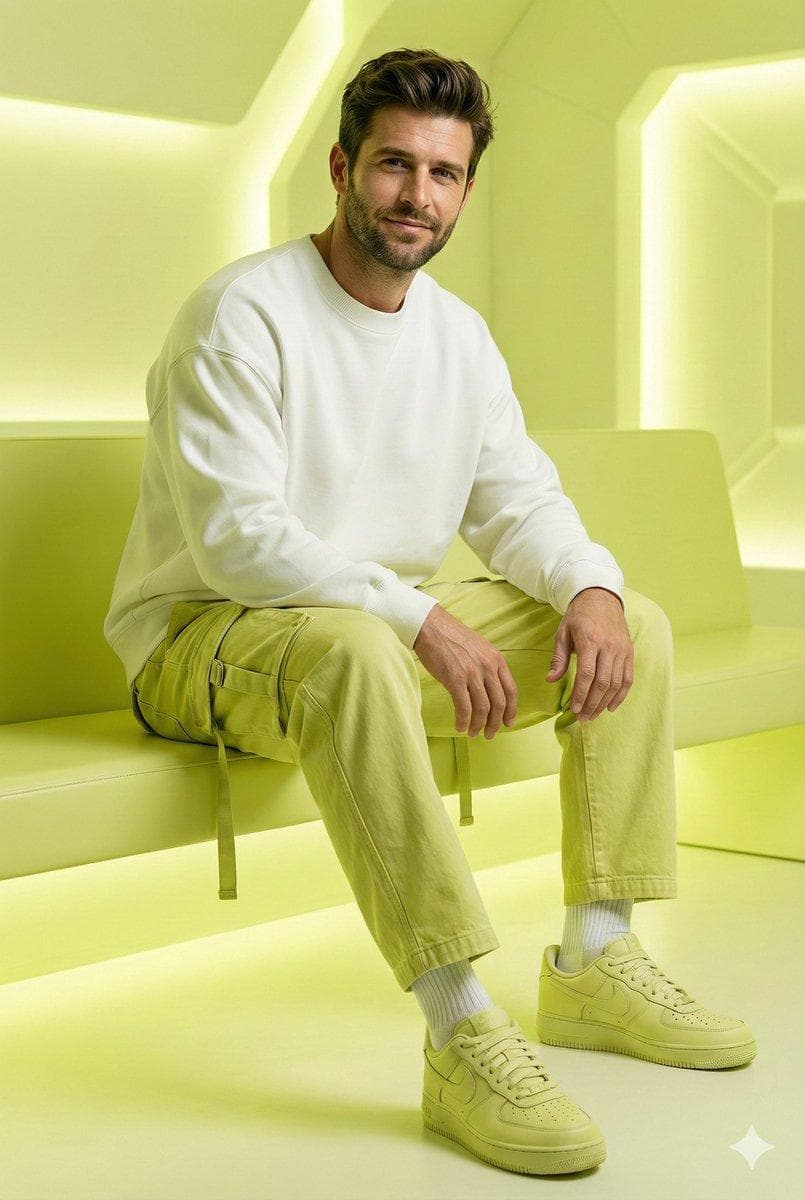 A young man with a slight smile see the uploaded picture as reference for the face wearing outfit: oversized white sweatshirt, lemon green oversized combat jean, styled with footwear: lemon green neutral Nike sneakers and white ribbed socks. Environment: futuristic lemon green-tone studio background. Lighting: soft cinematic glow…