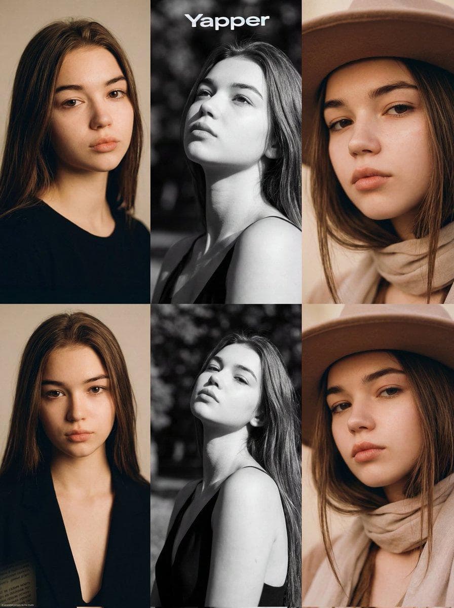 { "type": "image_generation_prompt", "style": "ultra-realistic editorial fashion photography, Vogue-style", "resolution": "8K HDR", "aspect_ratio": "3:1", "composition": { "layout": "3x1 horizontal grid", "description": "three-panel editorial portrait composition featuring the same person in different artistic styles", "symmetry": "balanced spacing and clean alignment across all panels" }, "identity_preservation": { "gender": "female", "use_reference_image": true, "strict_identity_lock": true, "notes": "Maintain the exact facial features, skin tone, hair type, and natural proportions from the uploaded reference photo." }, "panels": [ { "position": "left", "style": "studio portrait", "environment": { "background": "neutral minimalist studio backdrop" }, "lighting": "soft studio lighting with cinematic face illumination", "clothing": "minimalist black or neutral turtleneck", "expression": "calm and confident", "focus": "sharp focus on the face with shallow depth of field", "color_grading": "magazine-quality tones" }, { "position": "center", "style": "black and white artistic portrait", "environment": { "location": "outdoor setting", "background": "tree shadows and natural light patterns" }, "camera_angle": "dynamic upward angle", "lighting": "natural sunlight creating dramatic contrast", "expression": "elegant and dramatic", "color_mode": "monochrome black and white", "focus": "high detail on facial structure and hair" }, { "position": "right", "style": "fashion close-up", "environment": { "background": "soft warm-toned backdrop" }, "accessories": [ "wide fashionable hat or elegant scarf" ], "lighting": "soft warm lighting enhancing facial…