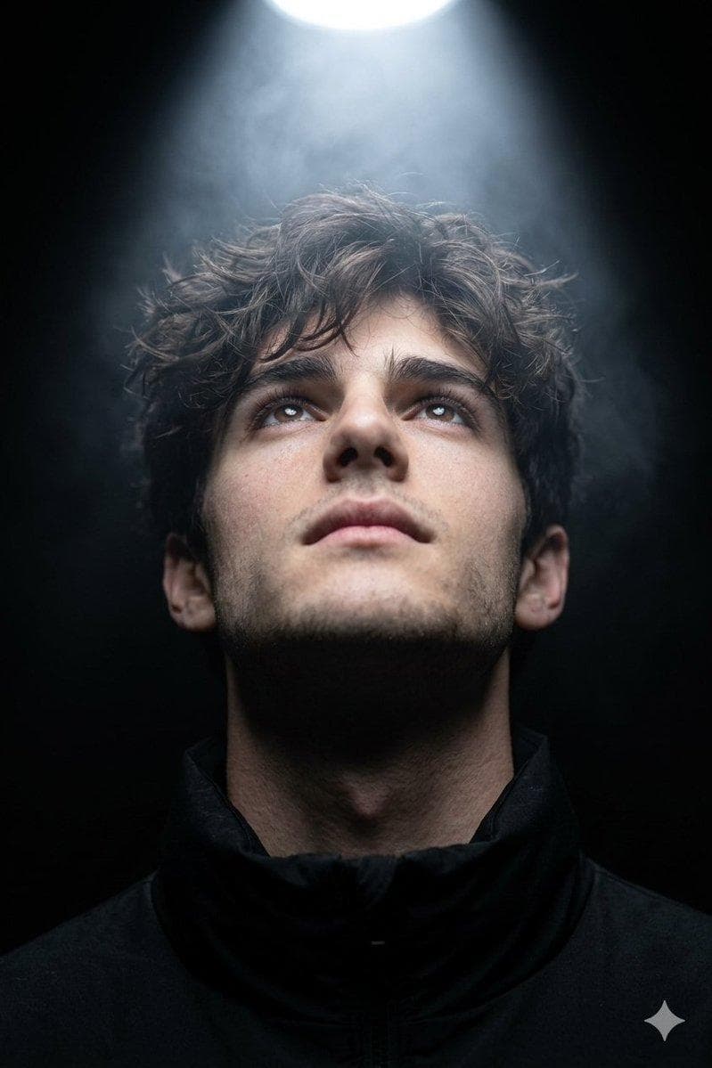 A hyper-realistic cinematic close-up portrait (use uploaded face as reference). The subject looks upward with chin slightly raised and eyes half-open, as if drawn to a light above. A cool white overhead spotlight creates dramatic top-down lighting, sculpting the face while the background stays black. Soft volumetric mist forms a subtile light beam…