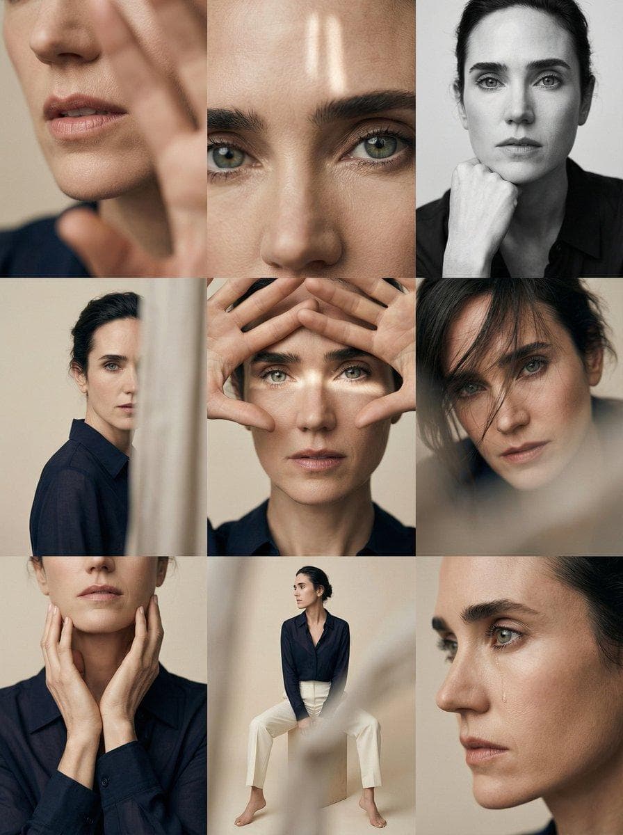 Editorial 3x3 photo grid in a clean soft beige studio. Character (matches reference 100%) wearing lightweight dark navy shirt, ivory trousers, barefoot for raw simplicity. Lighting: large diffused key light directly front-right, silver reflector left, subtle rim from top. Shots to include: 1. extreme close-up of lips + cheekbone with blurred hand partially covering (85mm, f/1.8, razor-thin DOF); 2. tight crop on eyes looking into lens with reflection of light strip visible (85mm, f/2.0); 3. black & white close portrait resting chin on fist, face filling frame (50mm, f/2.2); 4. over-shoulder shot, blurred foreground fabric curtain framing half face (85mm, f/2.0); 5. very close frontal with hands overlapping face, light streak across eyes (50mm, f/2.5); 6. tight angled portrait showing hair falling into eyes, soft-focus background (85mm, f/2.2); 7. crop of hands touching jawline, eyes cropped out (50mm, f/3.2, detail-focused); 8. half-body seated sideways on low cube, head turned…