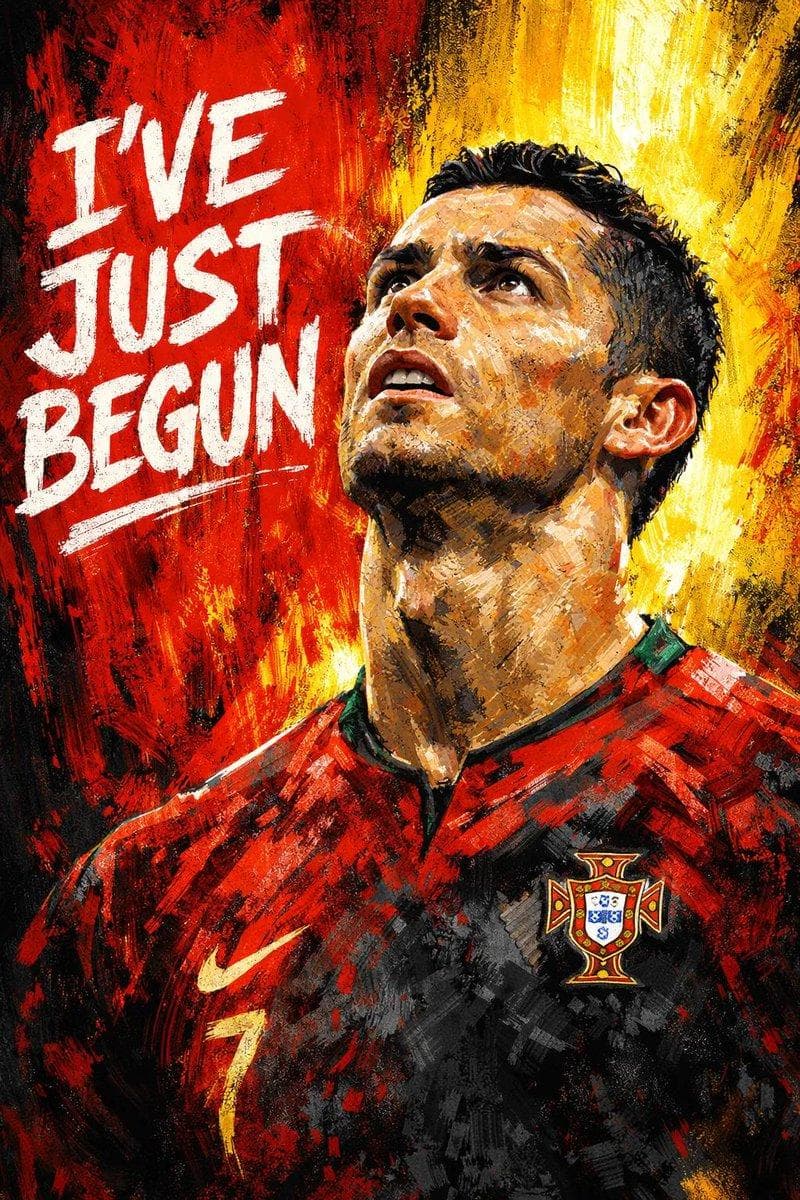 Create a dramatic, digital painting-style portrait of a male footballer looking upwards with a determined expression. The style should be bold and textured, using dynamic brushstrokes and a limited color palette mainly black, white, red, and yellow. The background should be split vertically with abstract red and yellow paint streaks. On the red side, include the bold motivational text ‘I’VE JUST BEGUN’ in large white…