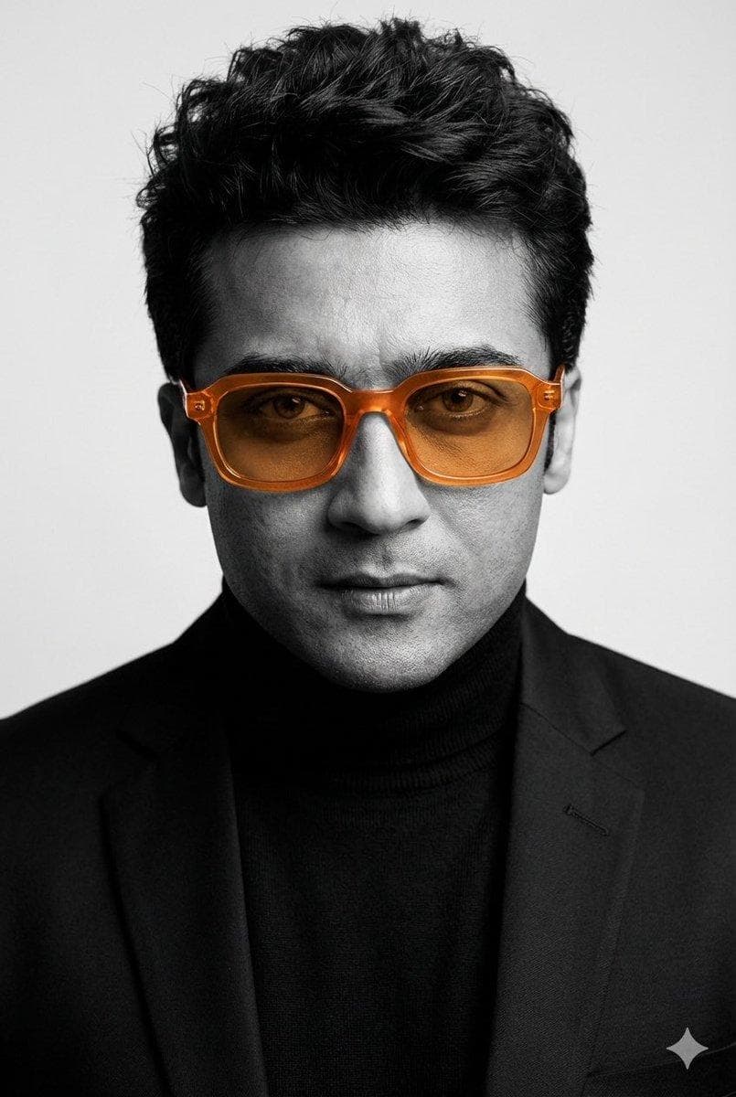 A close-up studio portrait of me, masculine features, textured messy hair neatly styled. I wear a black tailored blazer with sharp structure and clean lines, layered over a black high-neck turtleneck, embodying a minimalist and contemporary fashion style. The man is wearing bold translucent orange acetate sunglasses, rectangular frame with slightly rounded edges, glossy finish, amber/orange tinted lenses, and fashion-forward and statement eyewear. Color concept: selective color photography - monochrome black and white image with only the sunglasses in vibrant orange color, creating strong contrast and visual focus. Expression: calm, confident, serious gaze, looking straight into the camera. Lighting: soft studio lighting from the front with subtle side shadows…