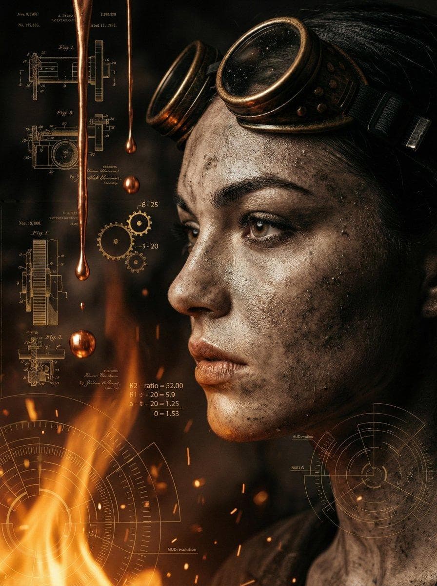 A cinematic close-up profile of a weathered women with a salt-and-pepper face, wearing brass-rimmed aviator goggles pushed up. Low-key lighting with a heavy amber glow; thick molten copper droplets and incandescent heat waves shimmering in the air. Dark, soot-stained background layered with vintage patent blueprints, floating golden gear-ratio calculations, and radial…