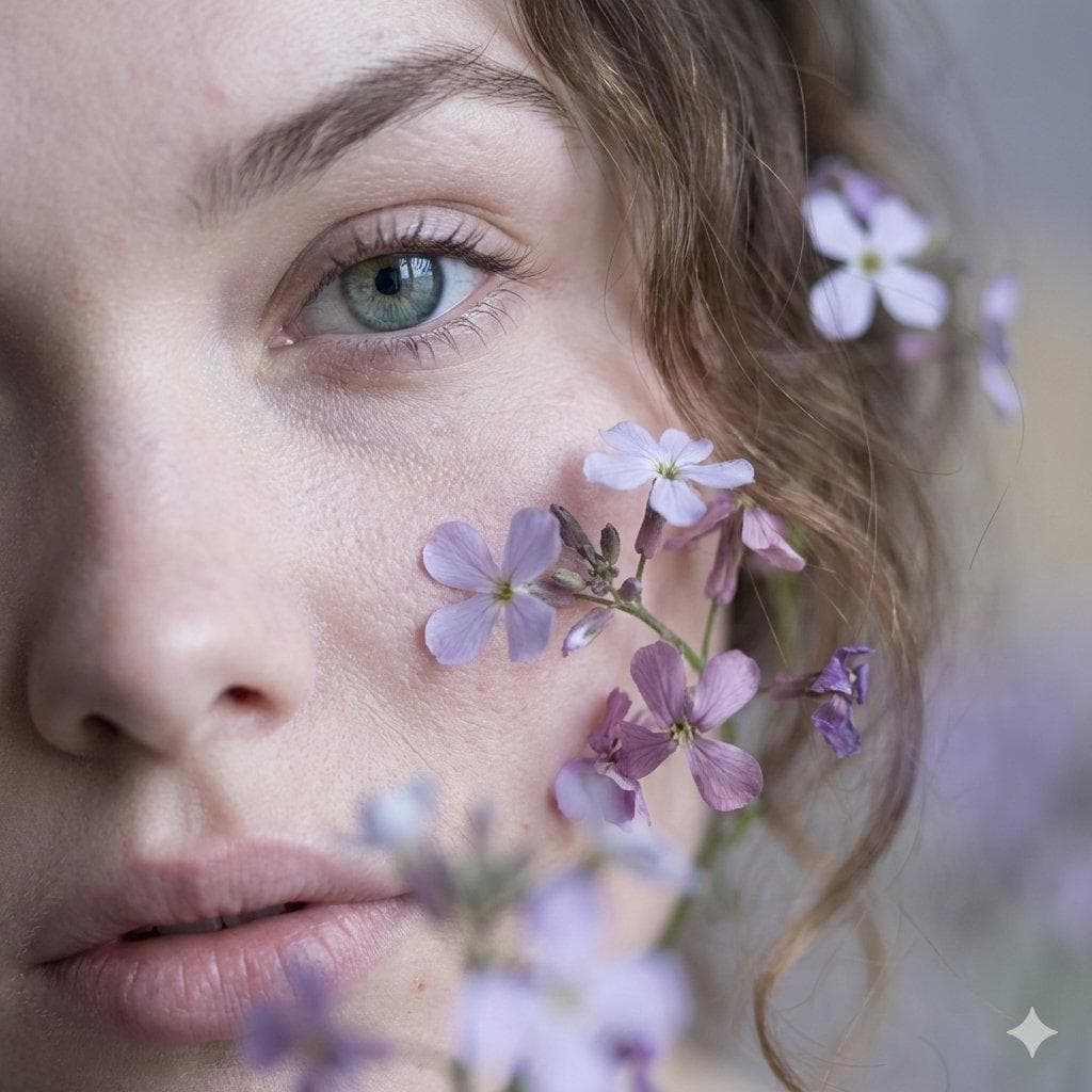 Utilize exclusively and obligatorily the uploaded reference photos as the primary and authoritative source for the model’s face, facial structure, proportions, skin tone, real skin texture, and the exact natural characteristics of her hair. Do not idealize, beautify, alter, rejuvenate, slim the face, smooth the skin, or modify any real features. Do not remove or change freckles, pores, fine lines, or natural imperfections.The appearance must match the reference images exactly, with absolute fidelity. Create a hyper-realistic, ethereal macro Fine Art portrait photograph, captured with a Leica APO-Macro-Elmarit-R 100mm f/2.8, full-frame. An extreme close-up of a young woman’s face with pale skin, fully respecting the real physiognomy of the model as shown in the reference photos. Skin texture is ultra-detailed and completely natural, with clearly visible pores and no artificial smoothing. One crystal-clear, melancholic eye is in perfect critical focus, displaying natural micro-contrast characteristic of Leica optics. Long, natural eyelashes. Lips slightly parted, in a natural pale pink tone, with no excessive or artificial makeup. Delicate wildflowers in soft lilac and muted purple tones rest gently on the cheek and intertwine with loose, naturally imperfect hair strands, exactly following the real hair pattern seen in the reference images. Some flowers appear softly out of focus in the…