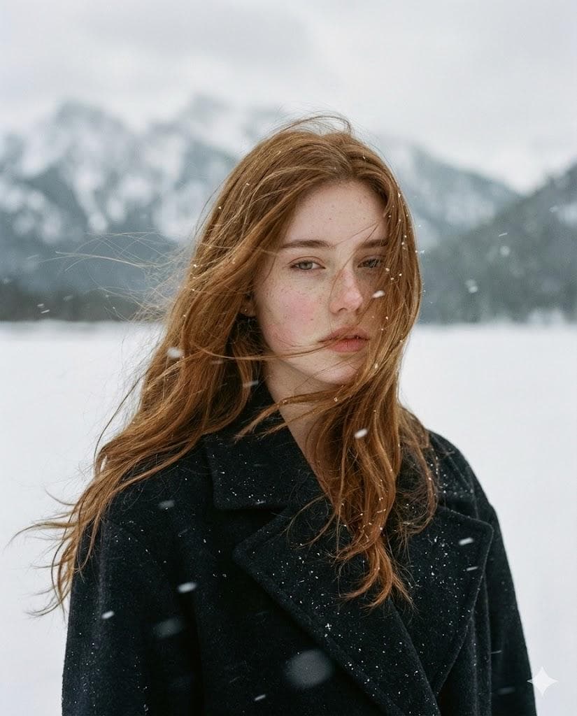A poetic cinematic portrait of a young woman standing alone in a vast snowy landscape, surrounded by distant frost-covered mountains. Her long auburn hair is caught mid-motion by strong winter wind, strands flowing naturally across her face. She wears a dark wool coat, minimal makeup, pale freckled skin, and a quiet, introspective expression. Soft snowfall drifts through the air. Muted natural color palette with cold greys, soft whites, and warm copper hair tones. Shallow depth of field, natural diffused daylight…