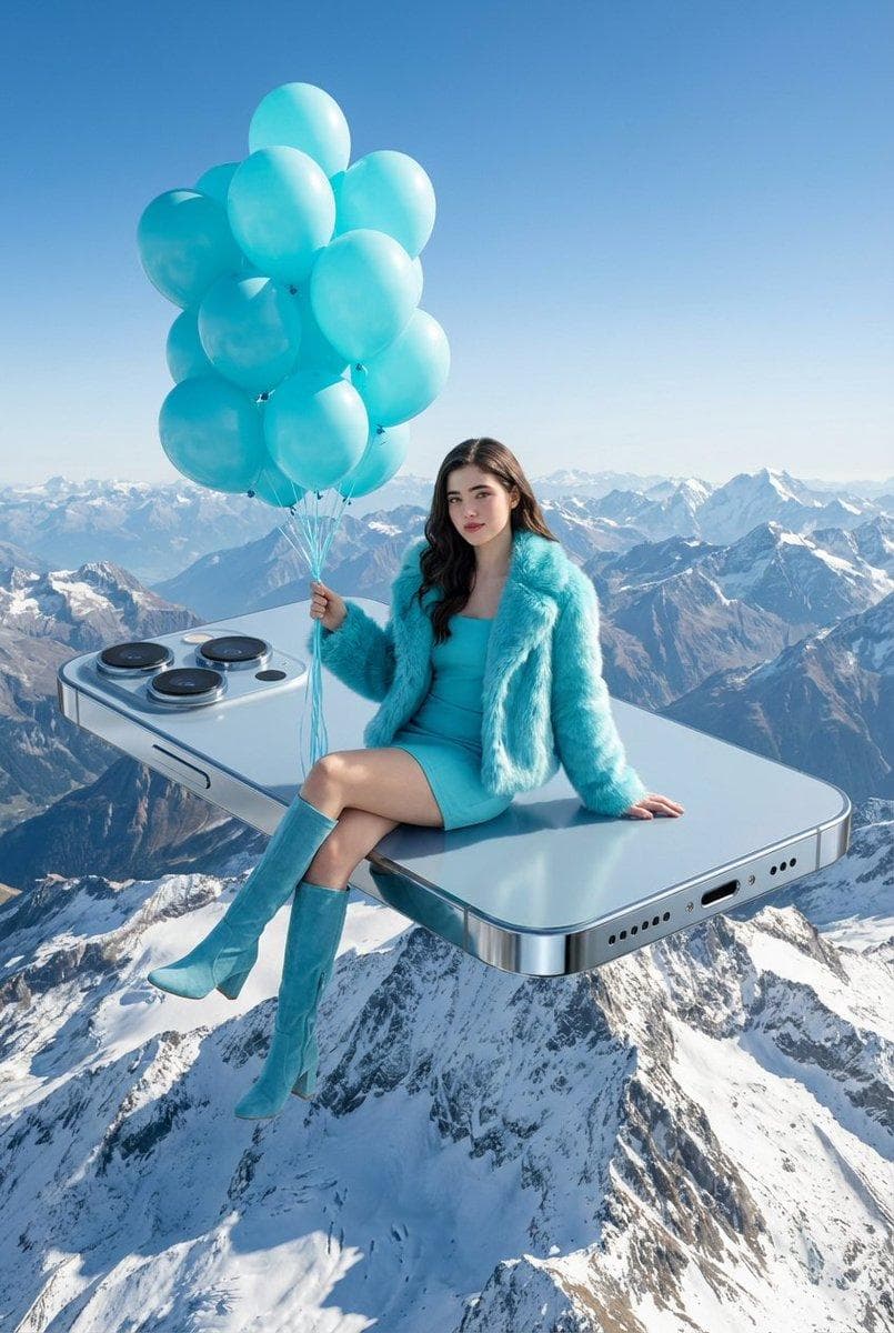 A surreal, high-concept masterpiece featuring “uploaded face as reference” seated casually on the edge of a colossal, floating smartphone suspended high above a snow-capped mountain range. The subject is dressed in a monochromatic cyan ensemble, wearing a fitted mini dress, a plush faux-fur jacket, and knee-high suede boots, while holding a large cluster of matching light-blue helium balloons. The giant smartphone, resembling a high-end device with a triple-lens camera array and metallic silver edges, floats horizontally, displaying realistic charging ports and speaker grills. Bright, crisp daylight casts sharp shadows on the phone’s…