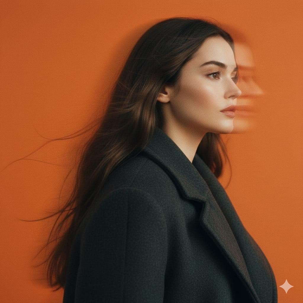 A panning studio portrait of a mysterious female figure captured in side profile, her head subtly turned forward as motion blur streaks softly through her hair and jawline. She wears a matte charcoal wool coat with softened edges, standing against a solid Pantone 137 C orange background that fills the frame entirely. The image features intentional horizontal motion blur from a slow shutter pan, preserving facial structure while allowing peripheral smearing. Soft studio lighting with diffused highlights, low contrast, and lifted blacks creates a faded analog film look with fine grain and muted saturation…