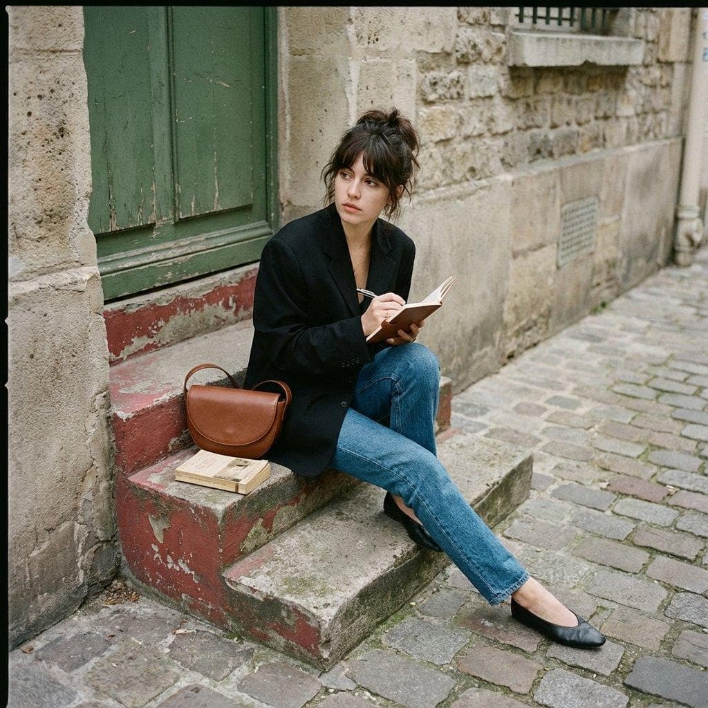 { "image_generation": { "subject": { "description": "young woman sitting on stone steps in a quiet old European street", "pose": "seated casually on worn stone stairs, legs crossed slightly, holding a notebook and pen", "expression": "thoughtful, calm, introspective", "action": "writing notes while glancing to the side" }, "appearance": { "hair": { "color": "dark brown", "style": "messy bun with soft bangs framing the face" }, "face": { "features": "soft natural facial features", "makeup": "minimal, natural look" } }, "outfit": { "top": "black oversized blazer", "bottom": "blue straight-leg jeans", "shoes": "black ballet flats" }, "accessories": { "bag": "small brown leather shoulder bag", "objects": [ "small notebook", "pen", "closed book placed beside her" ] }, "environment": { "setting": "old European alleyway", "background": "weathered stone wall, green wooden door, cobblestone street", "architecture": "vintage, rustic, historic textures" }, "lighting": { "type": "natural daylight", "quality"…