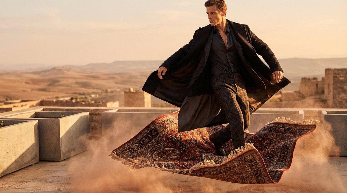 { "options": { "gender": ["man", "woman"] }, "prompt": "A high-fashion editorial shot of a [GENDER] model sitting or standing on a flying magic carpet during takeoff. The model is wearing a sophisticated, layered outfit featuring the structured silhouettes and premium textures typical of luxury brands like Celine, Balenciaga, Ralph Lauren, Givenchy, and Zegna. The clothes billow elegantly in the wind. The carpet is ornate and detailed, kicking up a subtle dust cloud as it ascends…