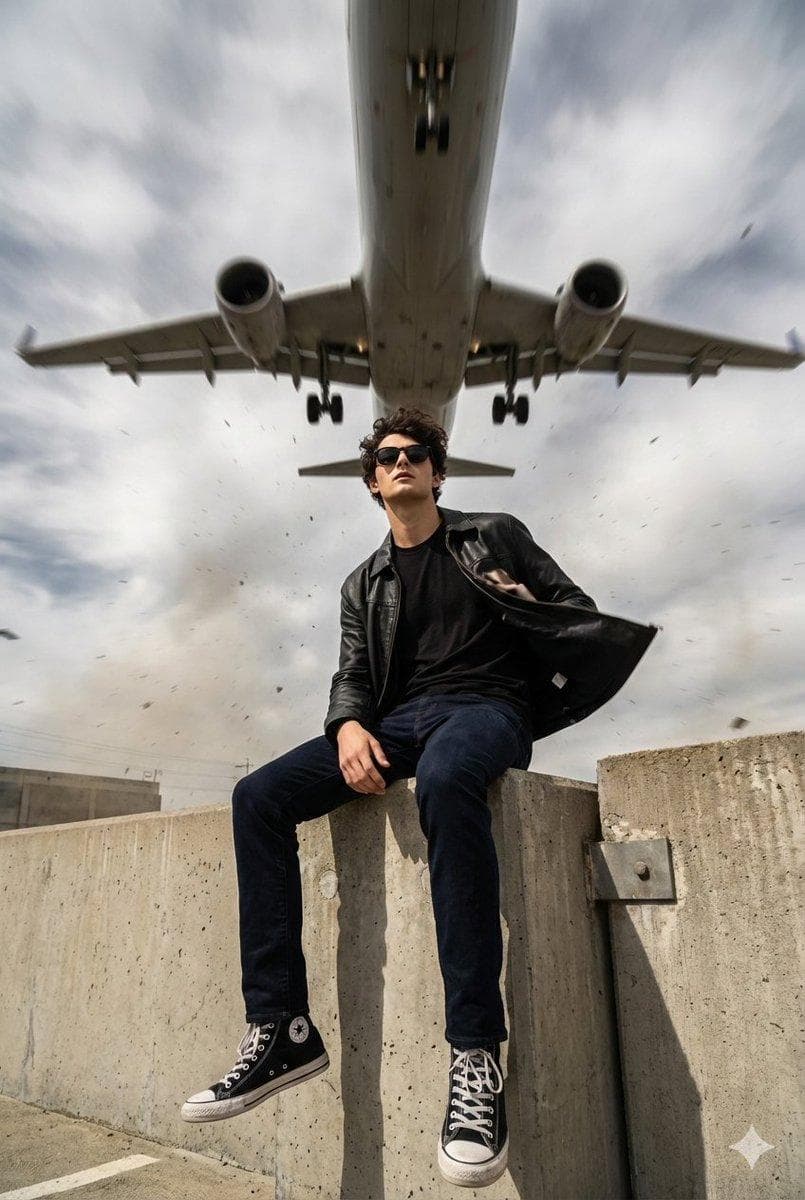 Create an ultra-realistic cinematic 8K portrait, use face reference exactly (100% identical, no changes) - preserve original facial features, proportions, skin texture, hair, and expressions. A man wearing black sunglasses, a black t-shirt, black leather jacket, dark denim pants, and black Converse-style sneakers sits casually on a concrete ledge. One leg is bent while the other hangs freely. His posture is relaxed, projecting calm confidence. A massive airplane flies extremely low overhead, dominating the sky. Powerful wind ripples his jacket and clothing. Captured with a wide-angle lens from a low perspective…