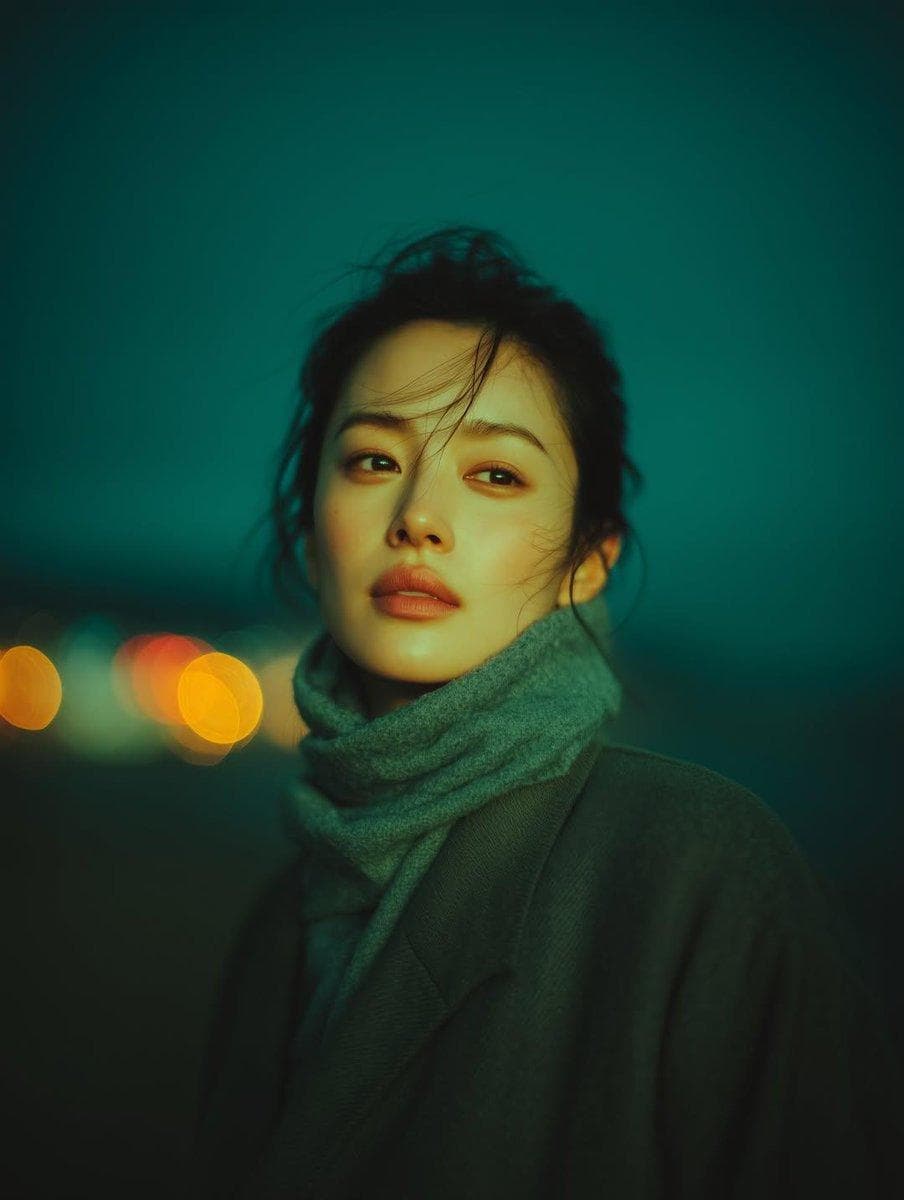 A cinematic night-time portrait of a young woman standing outdoors, softly lit by ambient city lights. She wears a dark elegant coat with a thick wool scarf wrapped around her neck. Loose strands of hair gently blown by the wind frame her face. Moody teal-green color grading, soft cinematic lighting, shallow depth of field, creamy bokeh city lights glowing in the background. Calm, introspective expression, natural…