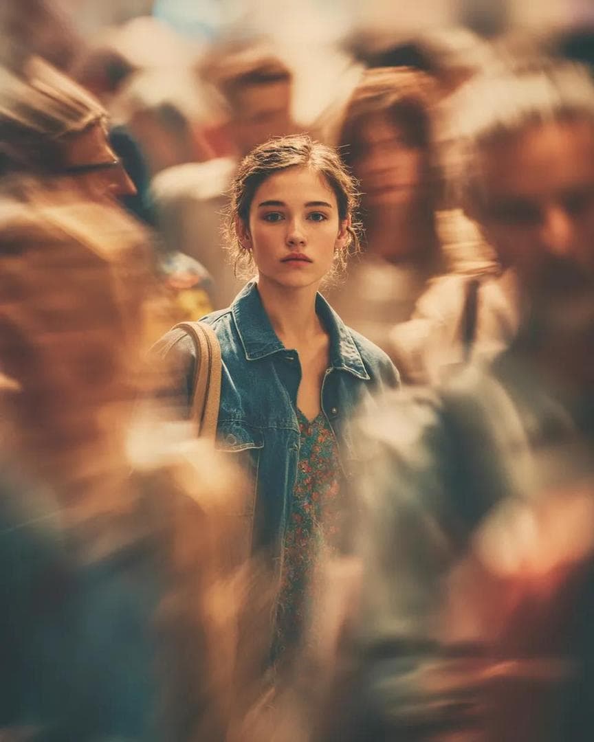 Cinematic portrait of a young person standing still in the middle of a busy crowd, sharp focus on the subject while people move rapidly around them creating strong motion blur. The subject looks directly at the camera with a calm, introspective expression. Soft natural lighting, shallow depth of field, dreamy atmosphere. Crowd blurred using long exposure effect, dynamic movement streaks surrounding the subject. Neutral pastel…