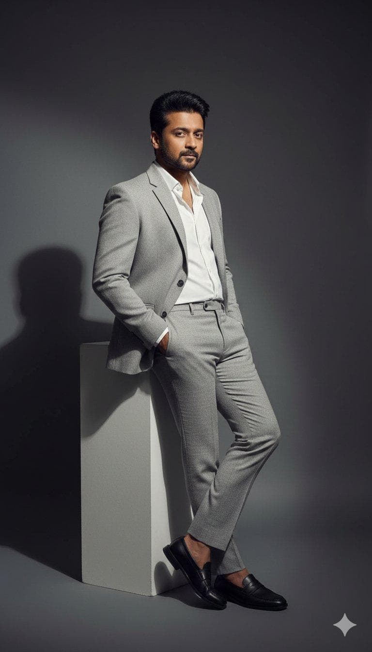 { "prompt": "Ultra-realistic high-end fashion editorial portrait of an adult man, 100% using the uploaded reference image for exact face, identity, facial structure, and expression (no changes or stylization). The subject is leaning casually against a tall white rectangular pedestal in a minimal studio environment. Pose must match the reference exactly: body angled sideways, left hip resting on the pedestal, one hand casually placed inside the trouser pocket, the other relaxed by the thigh. One leg straight on the ground, the other slightly bent at the knee, feet crossed naturally at the ankles.\n\nHe is wearing a tailored light grey textured suit with slim-fit trousers and a matching blazer, paired with a white button-down shirt worn casually open at the collar (no tie). Black leather loafers with a visible ankle gap, clean and elegant styling.\n\nFacial details preserved from the reference: sharp masculine jawline, light stubble beard, defined cheekbones, neatly styled dark hair swept back. Expression is serious and calm, eyes looking slightly off-camera to the side.\n\nLighting is dramatic with hard side lighting from a single direction, creating strong, sharp shadows and a clear silhouette shadow of the subject projected onto the wall behind him. High-contrast light-and-shadow geometry enhances the cinematic editorial mood.\n\nBackground consists of a smooth dark grey studio wall and floor…