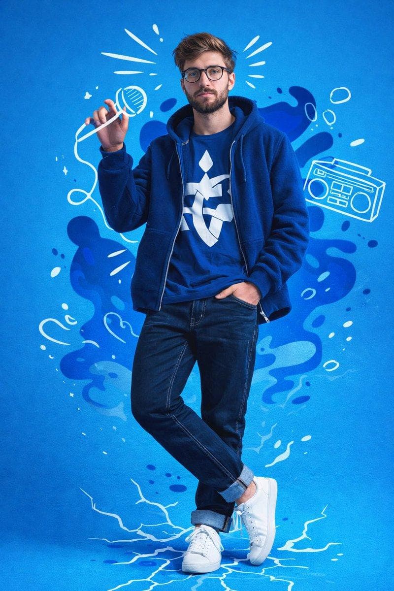 { "meta": { "image_quality": "High", "image_type": "Mixed Media (Photography + Vector Illustration)", "reference_image_usage": "Use the attached image strictly for facial identity matching only. Face shape, beard, glasses, eyes, nose, lips, and hair texture must match exactly. Do not copy clothing, lighting, or background from the reference.", "resolution_estimation": "High resolution, sharp vector edges", "file_characteristics": { "compression_artifacts": "Low", "noise_level": "None", "lens_type_estimation": "Standard portrait look (35–50mm equivalent)" } }, "global_context": { "scene_description": "A full-body studio portrait of a young man in a dynamic, confident pose against a solid bright blue background. The image blends realistic photography with white hand-drawn vector doodles and abstract blue liquid shapes, creating a modern street-art editorial look.", "environment_type": "Studio / Graphic Design Composition", "atmosphere": "Energetic, urban, creative, cool", "lighting": { "source": "Artificial studio lighting", "direction": "Front-right dominant", "quality": "Soft and diffused", "color_temperature": "Neutral white" }, "color_palette": { "dominant_colors": [ "Bright blue background", "Deep blue clothing", "White graphic accents" ], "contrast_level": "High" } }, "composition": { "camera_angle": "Low-angle, slightly upward", "framing": "Full body (head to toe)", "depth_of_field": "Deep focus", "focal_point": "Face and upper torso", "balance": "Asymmetrical with graphics filling negative space" }, "subject": { "identity_source": "Attached reference image", "gender": "Male", "pose": "Standing with relaxed confidence, body angled slightly right, head tilted slightly left, one hand raised near the face, legs casually crossed", "expression": "Neutral, confident, calm", "face_constraints": { "glasses": "Round black eyeglasses", "facial_hair": "Trimmed beard", "hair": "Short, slightly tousled", "must_match_reference": true } }, "wardrobe": { "style": "Monochromatic blue streetwear", "upper_body": "Blue fleece-style jacket worn open", "inner_layer": "Blue t-shirt with large white abstract graphic symbol", "lower_body": "Dark blue denim jeans with visible white…