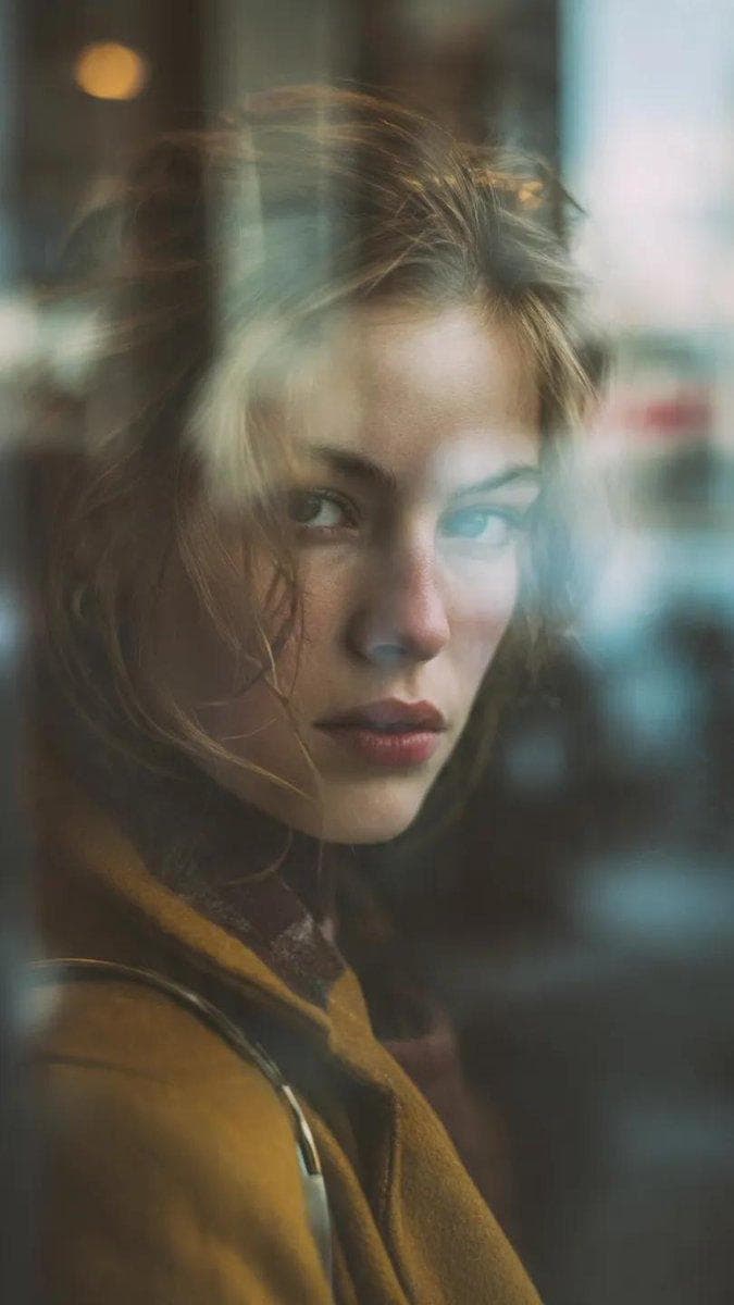 Reflection in glass window, layered composition, subject of a beautiful woman partially obscured. Fujifilm GFX100S, 80mm f/1.7 Natural diffused light Muted Portra LUT Aspect 3:4 harmony: 60% realism / 40% artistic…