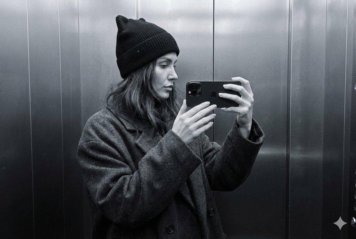 A photorealistic profile selfie, minimalist and monochrome: a woman in a dark oversized coat and a black knit hat with cat ears, her hair falling loosely down her back; she holds a black iPhone 17 Pro Max smartphone, taking a picture of herself in an elevator mirror with a matte metal surface in the background. Soft diffused lighting, calm cool color scheme (black, graphite, gray steel), slight film grain…