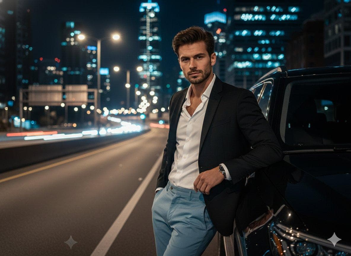 A cinematic night-time urban portrait of a confident, handsome man leaning against a black luxury SUV on a modern city highway. He is wearing a black blazer over a white unbuttoned dress shirt and light blue tailored trousers, one hand in his pocket, the other resting on the car. Clean haircut, light stubble, sharp masculine features. Skyscrapers with glowing windows in the background, streetlights creating bokeh, long light trails from…