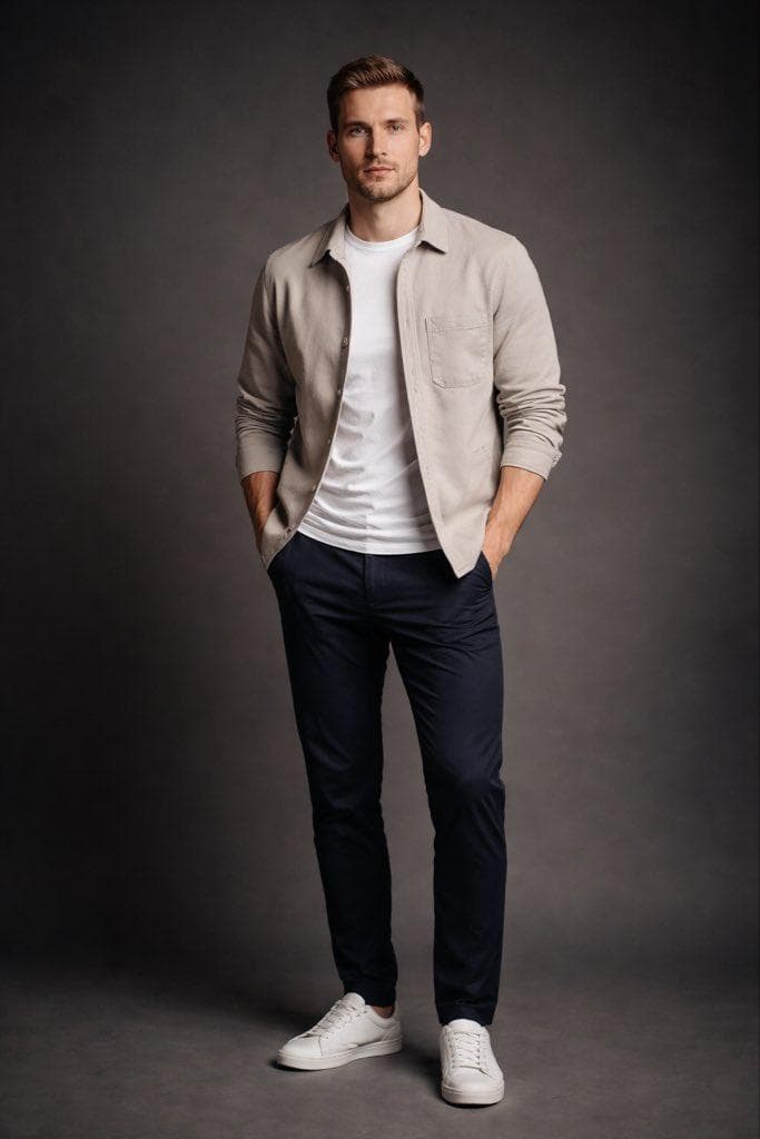 Photorealistic studio portrait of an average British man in his late 20s to early 40s, natural appearance, realistic facial features, short well-groomed hair, light stubble or clean-shaven. He stands confidently with a relaxed posture, conveying quiet self-assurance. He wears a stylish, comfortable, modern casual outfit, a well-fitted neutral-toned jacket or overshirt, premium plain t-shirt, tailored trousers or dark jeans, and clean minimalist sneakers. The look is contemporary, understated, and effortlessly fashionable. Shot in a professional studio with minimal lighting: a soft key light focused on the subject with gentle shadow falloff, dark neutral background, high contrast, and strong subject isolation. Lighting highlights facial structure, textures, and silhouette while keeping the…
