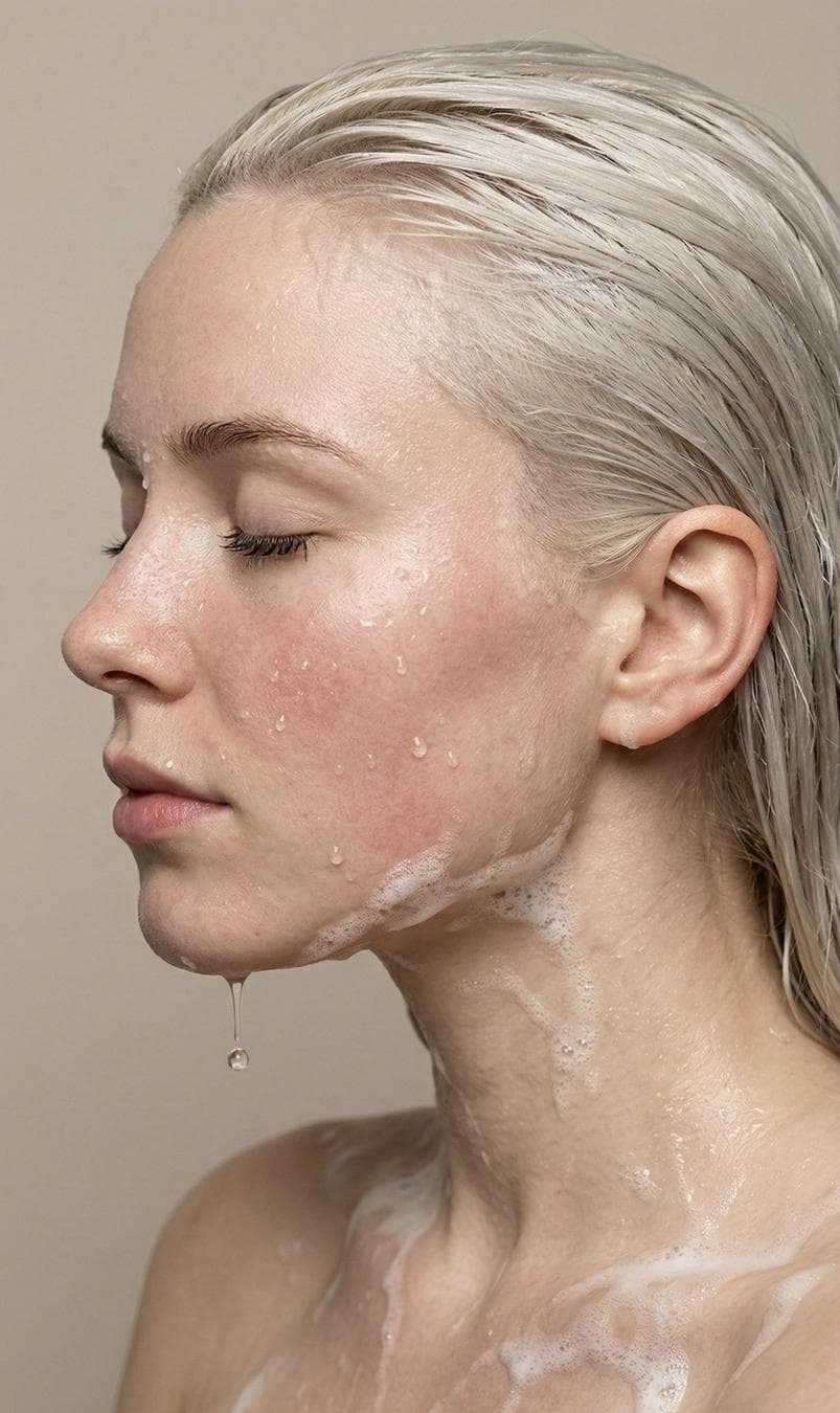 { "prompt_type": "Ultra Photorealistic Portrait", "subject": { "demographics": "Young woman", "perspective": "Side profile view (facing left)", "appearance": { "skin": { "texture": "Hyper-realistic, wet skin texture with visible pores, natural flushed redness on cheeks", "details": "Multiple clear water droplets clinging to the face, white soapy foam/suds along the jawline, neck, and collarbone", "wetness": "A single distinct water droplet dripping from the chin" }, "hair": { "color": "Silver / Platinum Blonde", "style": "Slicked back, completely wet, strands defined by water", "texture": "Fine, straight" }, "face": { "eyes": "Closed, relaxed eyelids", "brows": "Natural, unshaped", "lips": "Soft, natural pink, slightly parted", "expression": "Serene, calm, spa-like relaxation" } } }, "pose": { "head_position": "Turned 90 degrees to the left showing full profile", "body": "Shoulders bare (suggesting nudity or strapless top), neck elongated", "action": "Standing or sitting still while bathing/washing face" }, "styling": { "makeup": "No makeup / fresh face aesthetic", "elements": "White soap suds/foam running down the neck and chest", "vibe": "Clean beauty, skincare campaign, raw and organic" }, "environment": { "setting": "Minimalist studio or bathroom setting", "background": "Solid neutral beige / tan color", "details": "Clean, uncluttered, focus entirely on the subject" }, "lighting": { "type": "Soft diffused studio lighting", "quality": "Even illumination, soft highlights on the wet skin and water droplets", "shadows": "Gentle modeling…