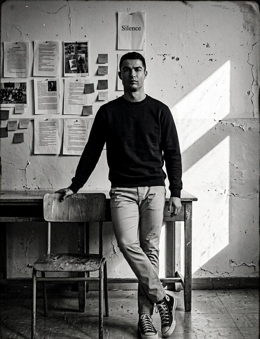 Create a high-contrast black and white portrait in a quiet classroom.Use uploaded image as reference. Person leans casually on a wooden school chair, legs crossed, wearing a navy blue sweatshirt, beige chinos, and black-and-white Converse sneakers. calm neutral expression. His left arm rests on the desk, his right hand drops casually to the side. Behind him, an off-white classroom wall with visible wear, pinned papers, photos, and sticky notes in a grid. One page clearly shows the printed word…