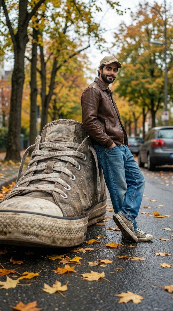 A cinematic forced-perspective street photography scene where a giant worn-out sneaker appears enormous in the foreground, towering over a casually dressed young man leaning against it. The man wears a brown leather jacket, loose blue jeans, sneakers, and a beige cap, standing confidently with hands in pockets. Autumn atmosphere with yellow and orange leaves scattered on the road, talltrees with fall foliage in the background, parked car slightly blurred. Ultra-realistic textures on the shoe sole, visible dirt and fabric wear. Shot from…