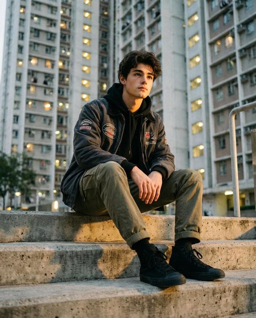 A stylish young man sitting confidently on raw concrete steps inside a dense urban housing complex during golden hour. He wears a hooded sweatshirt layered under a premium streetwear jacket with minimal embroidered patches, relaxed cargo pants, and bold high-top sneakers. Shot from a low, slightly wide angle to enhance dominance and attitude. Warm golden sunlight from the setting sun and street lamps creates long shadows, glowing highlights on the face, and cinematic depth. Tall…
