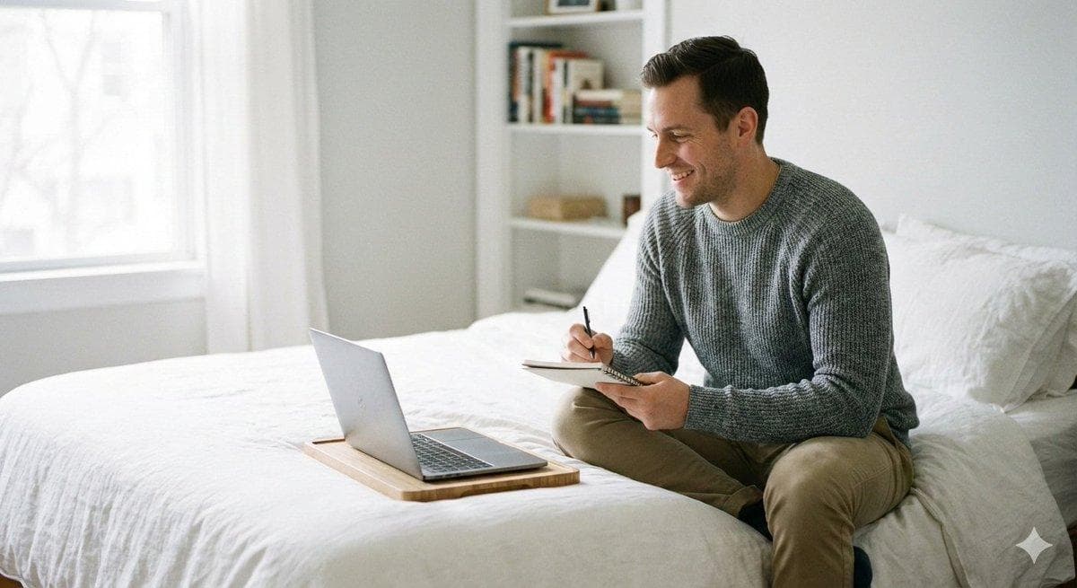 { "content_goal": "relatable, calm, lifestyle aesthetic", "image_type": "ultra-photorealistic lifestyle photography", "visual_style": { "aesthetic": "clean, cozy, minimal", "vibe": "soft, relaxed, natural", "realism": "high-end professional realism" }, "composition": { "framing": "mid-shot", "camera_angle": "slightly above eye-level", "subject_position": "naturally centered", "perspective": "intimate but respectful" }, "subject": { "description": "person sitting casually on a bed", "pose": "relaxed seated pose with legs folded or stretched comfortably", "body_language": "natural, unposed, confident ease", "expression": "calm, thoughtful, soft smile or neutral face" }, "wardrobe": { "clothing": "casual homewear or loungewear", "style": "modest, relaxed fit", "textures": "soft cotton or linen", "color_tones": "neutral or pastel shades" }, "environment": { "location": "minimal bedroom", "bed": "neatly arranged bed with soft pillows", "background": "clean wall or soft curtains", "atmosphere": "peaceful, morning or late-afternoon calm" }, "lighting": { "type": "natural window light", "quality": "soft and diffused", "direction": "side lighting", "shadow_style": "gentle, natural shadows" }, "color_palette": { "primary": ["warm white", "beige", "soft grey"]…