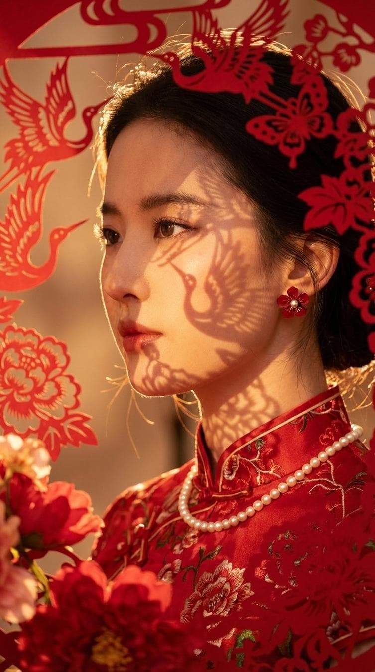 1. 宏观风格与媒介 - 核心媒介: 高清商业人像摄影 (High-end Commercial Photography) - 美学流派: 新中式美学 (New Chinese Style), 节日时尚大片 2. 主体与IP身份 - 核心主体: 年轻东亚女性侧颜特写 (Close-up profile of young Asian woman) - IP/名人锁定: 穿着红色旗袍 (Red Cheongsam), 佩戴珍珠项链与红色花卉耳环 3. 世界逻辑与物理 - 物理法则: 真实光学投影 (Real optical projection), 面部光影贴合面部起伏 - 空间构成: 人眼平视视角 (Eye-level), 极近距离接触 4. 数据与信息层 - 文本提取: 无文本 - 品牌与符号: 红色剪纸艺术前景 (Red paper-cut art foreground) - 包含仙鹤、蝴蝶与牡丹纹样 5. 材质与纹理 - 核心材质: 超写实皮肤质感 (Hyper-realistic skin), 哑光卡纸 (Matte cardstock), 温润珍珠 - 触感细节: 逆光下可见的面部绒毛 (Visible vellus hair backlit), 次表面散射效果 (Subsurface scattering) 6. 光影与氛围 - 光照模型: Gobo投影布光…