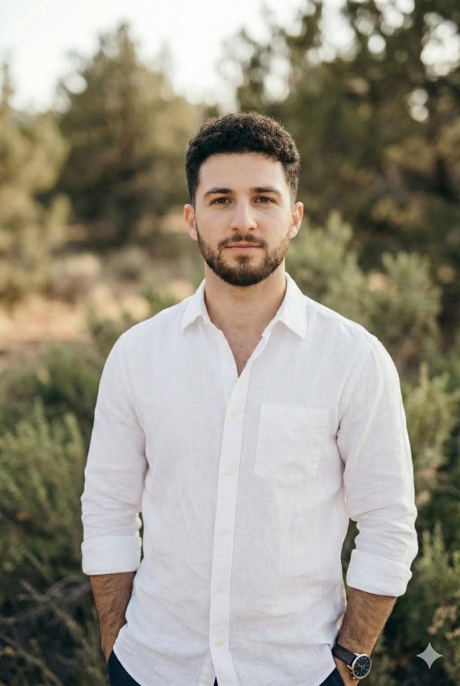{ "scene_type": "outdoor portrait", "composition": { "framing": "medium shot", "orientation": "vertical", "subject_position": "center-right", "pose": "arms crossed, body angled slightly to the right, head turned slightly left", "camera_angle": "eye-level", "depth_of_field": "shallow, strong background blur" }, "subject": { "gender_presentation": "male", "age_range": "mid-20s to early-30s", "skin_tone": "light", "facial_features": "defined jawline, light stubble beard, straight nose, soft cheek contours", "expression": "calm, contemplative, neutral confidence", "gaze_direction": " On camera" }, "hair": { "color": "medium brown", "style": "short to medium length, naturally curly with volume on top", "texture": "soft, slightly tousled" }, "wardrobe": { "top": { "type": "long-sleeve button-up shirt", "color": "white", "material": "lightweight linen or linen-blend", "fit": "relaxed, tailored", "details": "collarless or minimal collar, sleeves rolled to forearm" }, "accessories": { "watch": { "type": "analog wristwatch", "strap_color": "dark brown or black leather", "dial_color": "dark, likely black", "style": "classic, minimalist" } } }, "lighting": { "type": "natural daylight", "quality": "soft, diffused", "direction": "front-left", "contrast": "low to medium", "highlights": "gentle highlights on face and shirt", "shadows": "soft, minimal shadowing" }, "color_palette": { "dominant_colors": ["green", "white", "earth tones"], "background_tones": ["olive green", "forest green", "muted brown"], "overall_temperature": "warm-neutral" }, "background": { "environment": "natural landscape", "elements"…