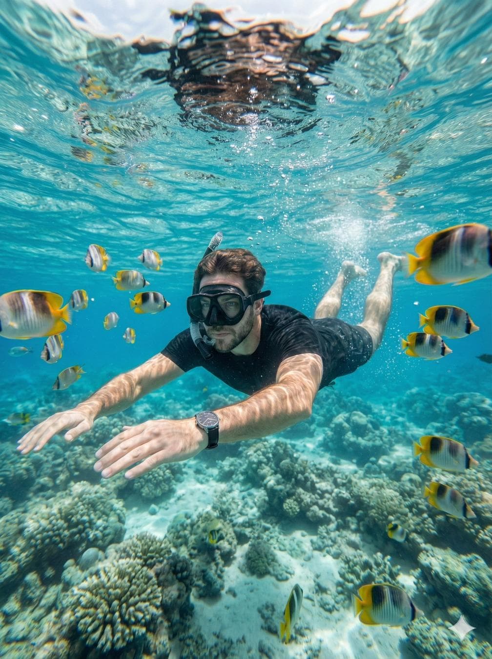 Create a hyper-realistic underwater close-range portrait captured with a wide-angle action camera in a waterproof housing. The camera is very close to the Subject (≈0.5–1 m), positioned slightly below face level and angled upward, with wide-angle distortion emphasizing depth while keeping the Subject dominant. Mid-shot to ¾ body framing. The Subject fills most of the frame, with face and upper body clearly visible. Schools of tropical fish swim closely around, some passing near the lens to create layered depth, with mild motion blur on fish closest to the camera. Natural sunlight enters from above, producing bright caustic patterns on the Subject and surrounding water, strong highlights near the surface, and soft blue gradients below. Floating water particles are visible between the camera and Subject, with slight refraction distortion around mask edges and hands. The Subject appears calm and relaxed, floating effortlessly with subtle body movement suggesting buoyancy and breathing through the snorkel. A shallow coral reef is visible below, slightly softened by depth, while nearby…