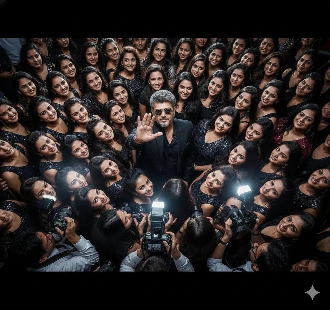 { "prompt": "A hyper-realistic, ultra-detailed 8K cinematic photograph captured from a high-angle perspective using a wide-angle lens, looking directly downward into a dense, almost circular crowd, creating a strong sense of enclosure and spotlight focus.\n\nAt the center stands a confident man wearing a dark tailored suit with a dark collared shirt and round sunglasses. Use the uploaded face strictly as reference to preserve the exact identity and facial features. His right hand is raised toward the camera with the palm facing outward in a clear 'stop' or 'talk to the hand' gesture, conveying authority and control.\n\nHe is completely surrounded by a tightly packed crowd of smiling women, forming a near-perfect circle around him. The women are dressed in dark, elegant, or subtly shimmering evening attire. Their faces and shoulders densely fill the mid-ground, many looking toward the central man or directly at the camera, enhancing the sense of attention and chaos.\n\nIn the immediate foreground at the bottom of the frame, multiple photographers are visible holding professional DSLR cameras equipped with large external flash units. The flashes are actively firing, producing intense, direct frontal lighting on the central figures.\n\nLighting and mood: Dramatic, high-contrast paparazzi-style lighting with blown-out highlights on faces and clothing, sharp rim lighting on some figures, and deep, near-black shadows in the background. The lighting emphasizes a glamorous yet chaotic paparazzi frenzy.\n\nVisual quality: Extremely…