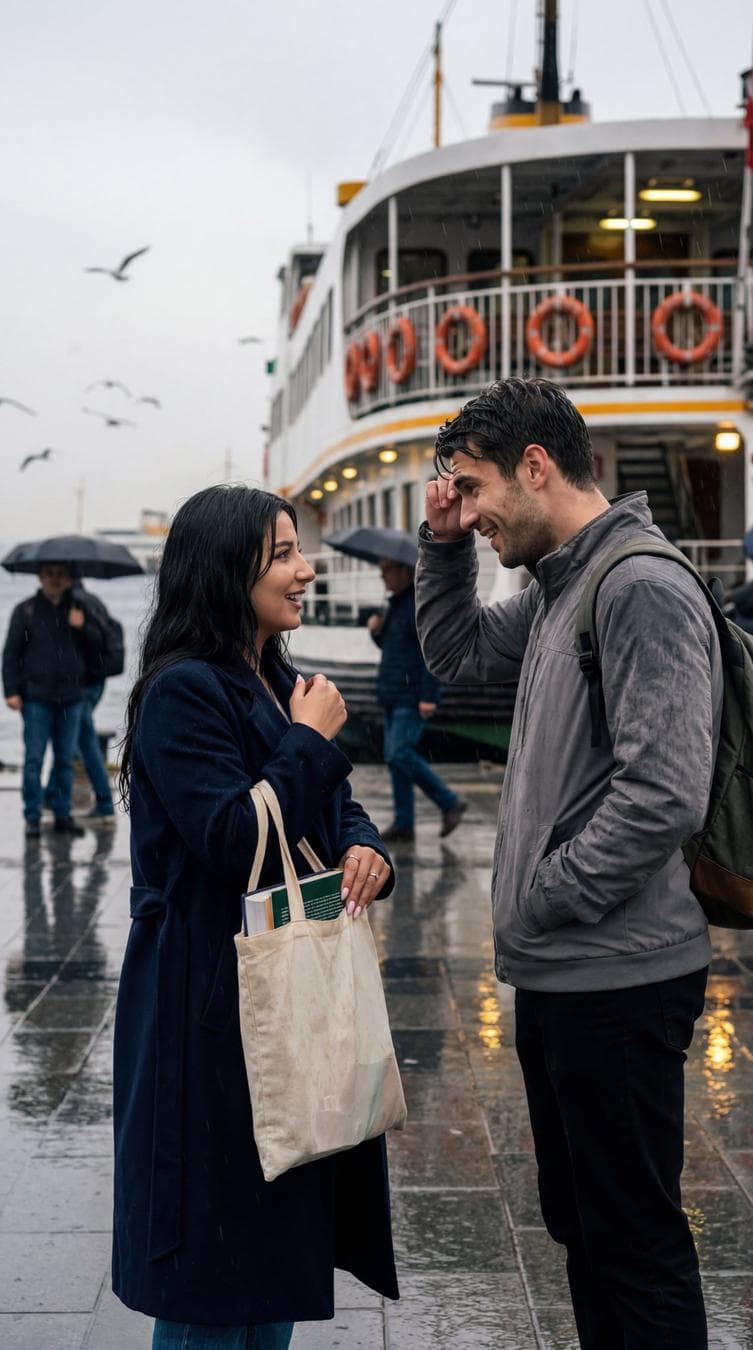 { "generation_request": { "meta_data": { "tool": "NanoBanana Pro", "task_type": "photoreal_candid_street_romance", "version": "v1.1_ISTANBUL_FERRY_RAIN_REUNION_LOVE_EN", "priority": "highest" }, "output_settings": { "aspect_ratio": "4:5", "orientation": "portrait", "resolution_target": "ultra_high_res", "render_style": "ultra_photoreal_candid_street_film_still", "sharpness": "crisp_but_natural", "film_grain": "subtle_35mm", "color_grade": "restrained_cinematic_realism", "dynamic_range": "natural_not_hdr", "skin_rendering": "real_texture_no_retouch" }, "global_rules": { "camera_language": "35mm lens equivalent, eye-level, imperfect framing, candid documentary feel, focus on eyes when people are present", "authenticity_markers": "subtle halation on highlights, tiny film gate weave, slight background motion blur only, real street clutter, no studio look", "lighting_language": "motivated natural light only (overcast rain daylight + ferry terminal practicals), deep but detailed shadows" }, "creative_prompt": { "scene_summary": "Istanbul, rainy day at the ferry terminal. Two university students in their early 20s unexpectedly run into each other right in front of a ferry. A candid, unposed moment—love as a quiet accident in the rain.", "subjects": { "count": 2, "description": "the same young man and woman (early 20s), ordinary and real, not model-like; faces visible and sharp", "expression": "surprise, shy warmth, a tiny relieved smile—restrained micro-expressions only", "skin_and_face": "natural skin texture, slight under-eye shadows, no beauty retouch, no plastic skin" }, "wardrobe_and_props": { "clothing": "simple student clothing in natural neutral tones (beige, grey, navy, soft brown), slightly wrinkled; no logos", "wetness": "hair slightly wet, fabric darkened by rain, realistic water beads on coats and backpacks", "props": "both hold books and carry backpacks/tote bags; book edges slightly damp; hands gripping straps naturally" }, "micro_action": "they stop mid-step, realizing it’s each other; one adjusts a slipping book; the other wipes rain from their eyebrow; they share a short eye contact that lasts a second longer than normal", "environment_details": { "location": "Istanbul ferry terminal (Eminönü/Karaköy/Kadıköy vibe), directly in front of a docked ferry", "background"…