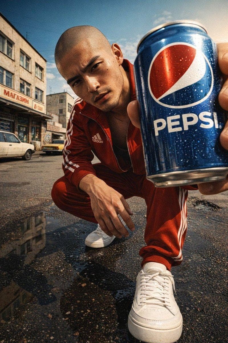 Ultra-realistic, glossy magazine-style portrait of a young male model, bald, with a stem, rugged expression and defined facial texture (pores, stubble shadows, subtle scars). Camera at shoe level (very low angle), wide-angle perspective, model tilted toward the lens, leaning forward and holding a Pepsi can extremely close to the camera - can label perfectly facing viewer and crisply legible with realistic metal reflections. Wearing a red Adidas tracksuit with visible Adidas logo and clean white sneakers, one foot stepped forward in the foreground. Urban USSR 1990s street environment: weathered concrete, vintage shop signs, old cars, period graffiti, small puddles. Bright sunny daytime with strong direct sunlight casting sharp cinematic shadows, warm sunlight highlights, slight wet reflections on asphalt and subtle water splashes near shoes for dynamism. Shallow depth of field (pin-sharp on face and can, creamy bokeh), ultra high detail, high contrast…