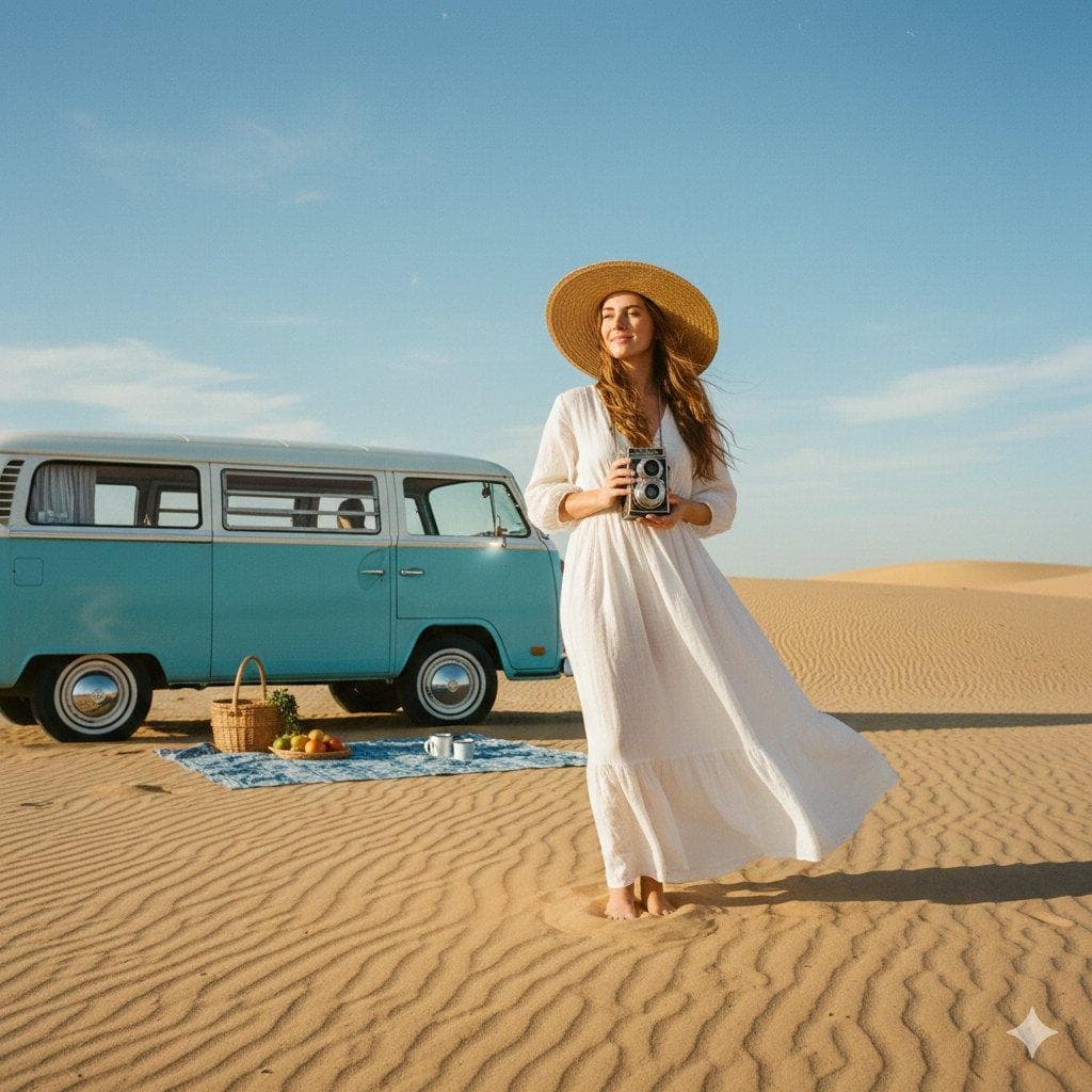 A wide shot of a woman in an airy white linen maxi dress and a wide-brimmed straw hat, standing in a vast, sun-drenched desert. She holds a vintage camera, smiling softly. Behind her, a classic light blue camper van is parked next to a picnic spread…