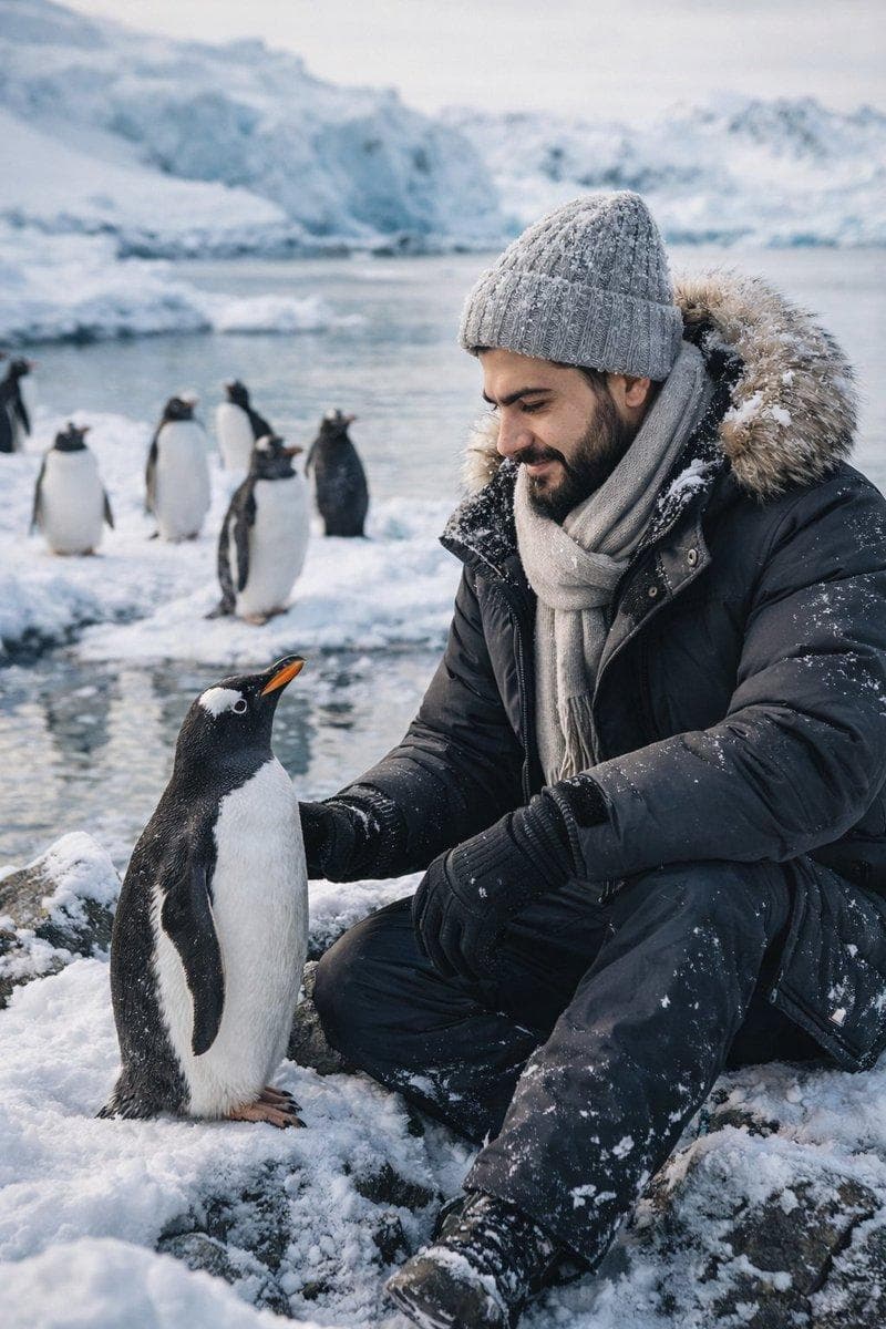 Ultra-realistic photo featuring a young man (insert user’s photo) in perfect detail, preserving 100% of his facial features, wearing warm winter clothing suitable for the penguins’ icy habitat (thick jacket, scarf, gloves, beanie). The man is interacting naturally with penguins in their snowy and icy environment…