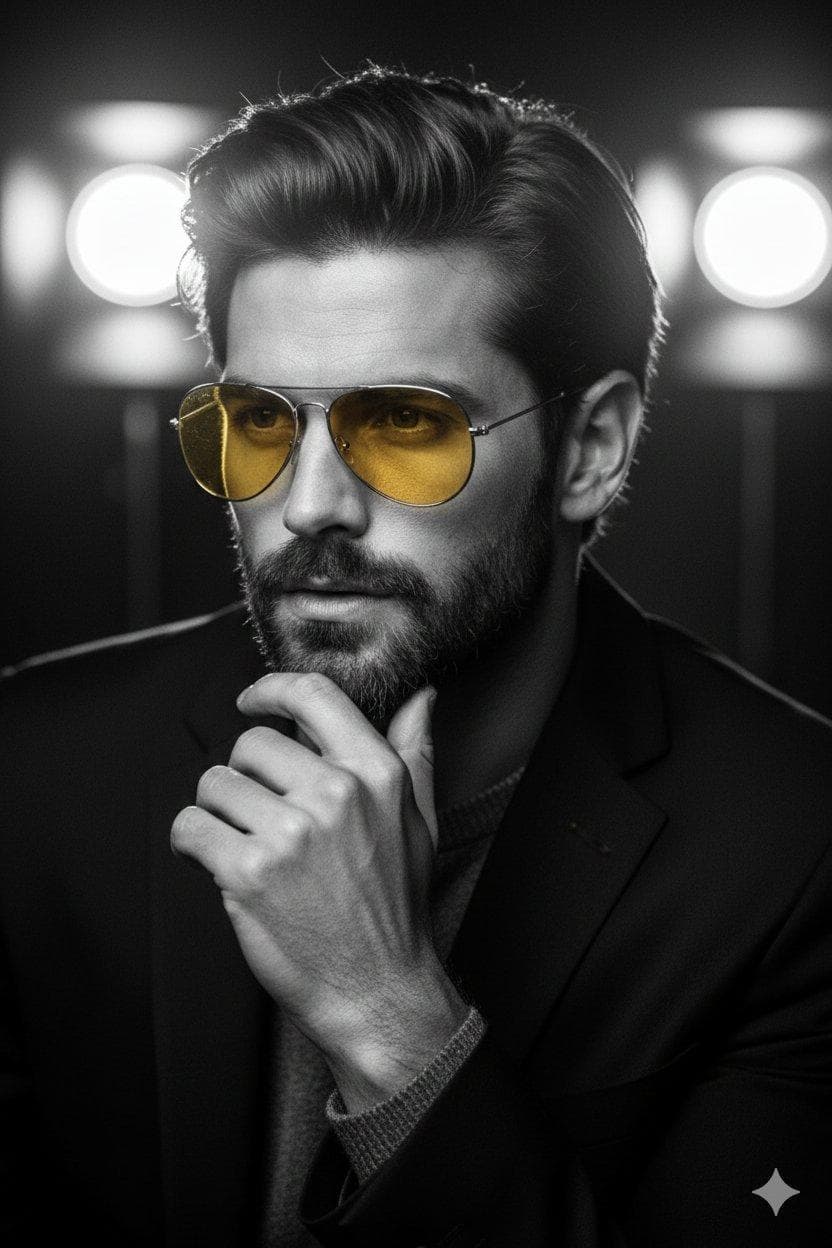 { "Objective": "Create a dramatic black-and-white cinematic portrait with a classic film-noir mood and selective color emphasis", "PersonaDetails": { "Subject": { "Type": "Young man", "Hair": "Medium-length, naturally styled", "FacialHair": "Well-groomed beard", "Pose": "Thoughtful pose with one hand resting near the chin", "Expression": "Introspective, confident, composed", "Wardrobe": "Dark jacket", "Accessories": { "Sunglasses": { "Type": "Stylish aviator sunglasses", "LensColor": "Warm amber/yellow-tinted lenses", "SpecialTreatment": "Only colored element in an otherwise monochrome image" } } } }, "Composition": { "Framing": "Close-up to mid-close portrait", "Angle": "Eye-level, slightly cinematic framing", "DepthOfField": "Shallow depth of field", "Focus": "Sharp focus on facial features and sunglasses" }, "LightingAndAtmosphere": { "LightingStyle": "Strong cinematic backlighting", "Effects": [ "Glowing bokeh lights in the background", "Studio or stage-light appearance" ], "Contrast": "High contrast with deep blacks and bright highlights", "Mood": "Moody, dramatic, contemplative" }, "ArtDirection": { "Style": "Classic film-noir photography", "ColorTreatment": { "Base": "Black-and-white", "Accent": "Selective color on amber/yellow lenses" }, "TextureDetail": "Ultra-detailed skin, hair, and fabric textures", "Aesthetic"…