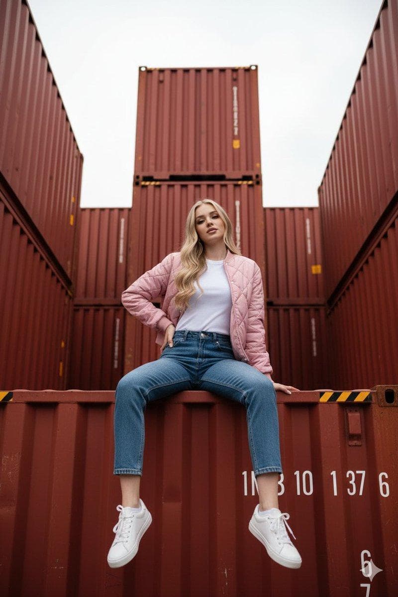 Use the same face from the reference image without changing facial features { "image_description": "A high-angle, low-perspective full-body portrait of a young western woman with blonde hair sitting on the edge of a red industrial shipping container.", "subject": { "person": "Young western woman, fit build, serious expression, looking away from the camera toward the horizon.", "hair_style": "long blonde", "clothing": { "jacket": "Light grey quilted puffer bomber jacket with a diamond pattern.", "undershirt": "Plain crisp white crew-neck t-shirt.", "pants": "Classic medium-wash blue denim jeans, straight fit.", "footwear": "Clean, bright white leather low-top sneakers." }, "pose": "Sitting relaxed on the edge of a metal container, legs dangling, leaning slightly back on his right hand." }, "setting": { "location": "Industrial shipping yard or port.", "background_elements": [ "Stacked corrugated red metal shipping containers.", "A vertical red container behind the subject creates a strong leading line.", "Yellow stencil lettering visible on the container beneath the subject." ], "atmosphere": "Urban, gritty yet clean, modern streetwear aesthetic." }, "composition_and_lighting": { "camera_angle": "Low angle looking up…
