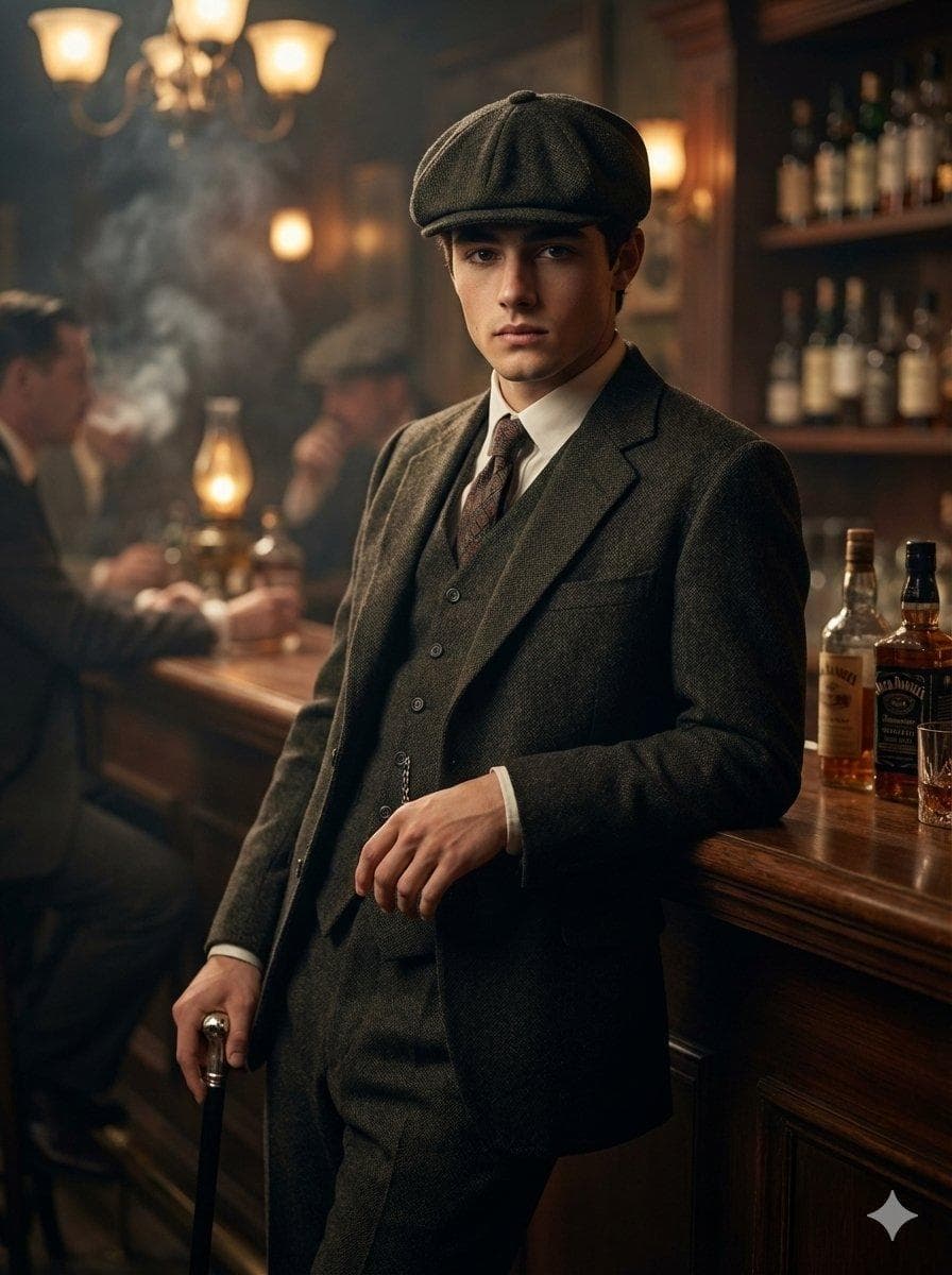 A hyper-realistic cinematic 3:4 vertical half-body portrait of a young man with the exact face from reference image, leaning casually against a 1920s smoky bar table, holding a vintage walking cane. He wears Peaky Blinders-inspired attire-tailored wool three-piece suit, waistcoat, tie, and flat cap. Head slightly down, eyes locked on camera with an intense, confident stare. Warm, ambient lighting casts…