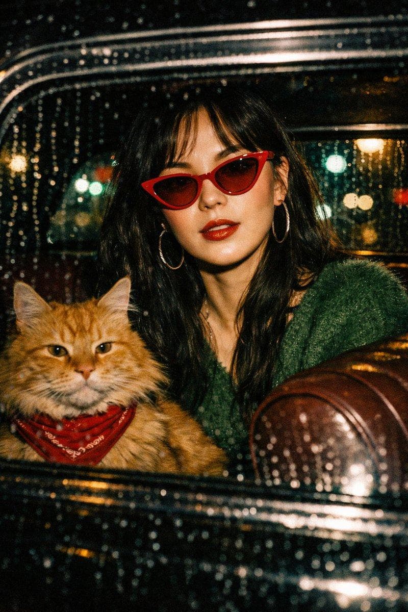 A cinematic flash-photography shot viewed through a rain-streaked car window at night. Inside a vintage black car, a chic Asian woman with long dark hair wears bright red cat-eye sunglasses, large hoop earrings, and a fuzzy green sweater. She has glossy red lipstick and is posing coolly. Sitting next to her on the maroon leather seat is a large, fluffy orange tabby cat wearing a red bandana. The background features blurred city streetlights and bokeh in green and teal tones. High-contrast lighting, Wong Kar-wai aesthetic, retro 90s fashion vibe, realistic texture, film grain, 35mm photography.", "elements": { "subject": { "human": "Young Asian woman, trendy, red cat-eye sunglasses, green fuzzy sweater, hoop earrings, glossy red lips", "animal": "Fluffy orange tabby cat, Maine Coon mix, red bandana, calm expression" }, "environment": "Inside vintage car, night time, city street, rain on glass, street lights", "lighting": "Direct flash, atmospheric street lighting, bokeh background…