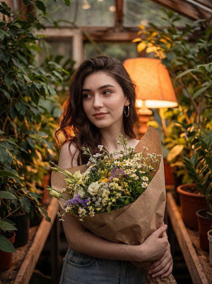 Use the uploaded image as a reference for the character. Create a sweet, cute, youthful-looking girl with a relaxed, languid posture and expressive emotions. She is holding a large bouquet of flowers wrapped in kraft paper, She is surrounded by many green plants. The image should feel tactile, immersive, and atmospheric, with a sense of surreal sophistication and subtle motion blur. The girl has soft dark brown hair styled naturally, with an asymmetrical composition, glancing left and right,and her hairstyle should enhance the mood. Her makeup is sweet and natural, facial features delicate and realistic. Lighting should be soft, warm and a lamp orange bulb behind her…