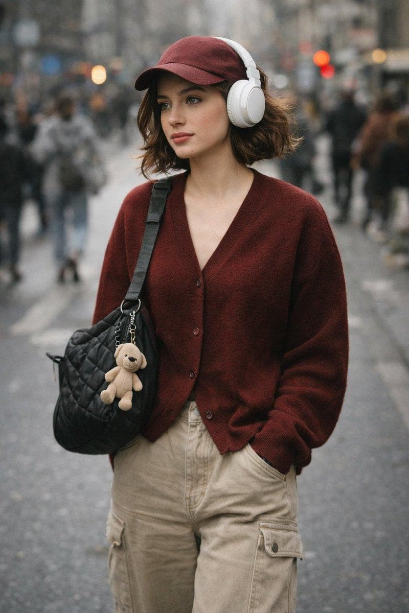 A high-quality, candid street photography shot of a stylish young woman with short wavy brown hair. She is wearing a maroon cardigan, oversized beige denim cargo pants, and a maroon baseball cap. She has large white over-ear headphones around her…