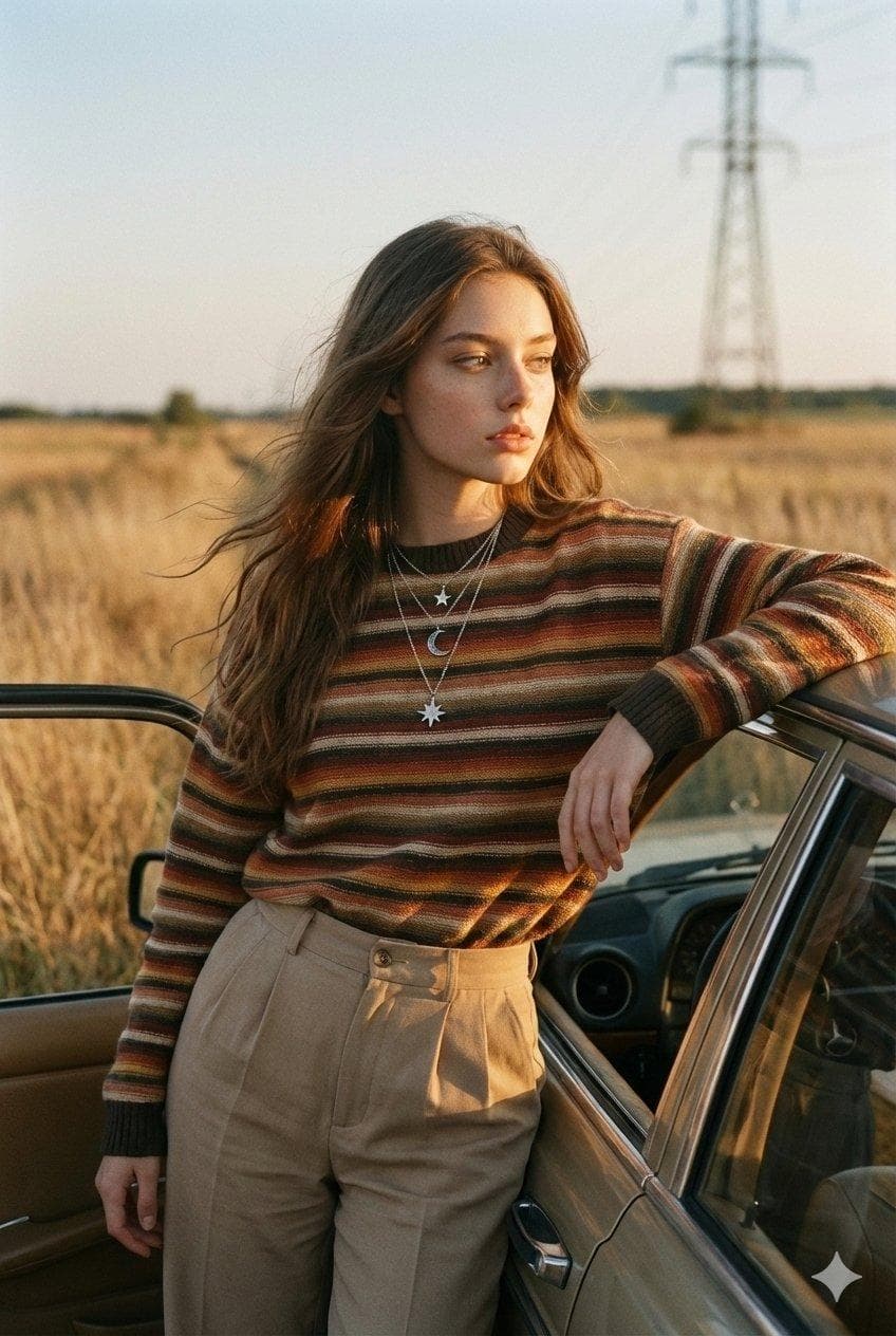 { "image_generation": { "reference": {"use_uploaded_photo": true, "role": "main subject", "identity_preservation": true}, "scene": { "location": "rural countryside", "background": ["tall dry grass fields", "distant metal powerline tower"], "time": "golden hour", "atmosphere": "calm, nostalgic road trip mood" }, "subject": { "pose": "casually leaning against a vintage car, one arm resting on the open door frame", "expression": "thoughtful, relaxed, looking off to the side", "hair": "gently moved by the wind", "style": "natural, candid portrait" }, "outfit": { "top": "retro striped sweater in warm earthy tones", "bottom": "high waisted beige trousers" }, "lighting": {"type": "soft sunset light", "highlights": "warm", "shadows": "cool", "contrast": "soft"}, "camera": { "lens": "35mm analog look"…