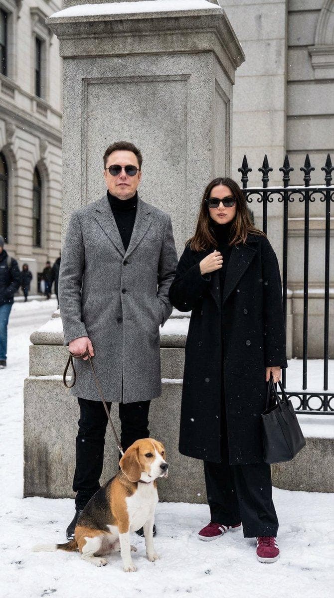 { "prompt_title": "Sophisticated Urban Winter Couple Portrait", "environment": { "setting": "Upscale urban street corner during winter.", "architecture": "Massive grey stone pillar/building corner with classical detailing.", "background_elements": "Black wrought-iron fence with decorative gold finials/spikes. Classical stone building facade visible in background.", "ground": "Covered in fresh, clean white snow.", "atmosphere": "Light snow falling, snowflakes visible in the air. Cold, crisp winter day.", "color_palette": "Cool neutrals, stone grey, bright white snow, deep blacks, accent of burgundy." }, "subjects": [ { "id": "male_subject", "appearance": "Young adult male, fair skin, short dark hair styled neatly.", "clothing": { "outerwear": "Knee-length textured grey wool overcoat (possibly herringbone or tweed).", "top": "Black turtleneck sweater.", "bottoms": "Black tailored trousers, relaxed straight fit.", "footwear": "Black leather dress shoes or boots.", "accessories": "Black wayfarer-style sunglasses." }, "pose": "Standing confident and upright, one hand in coat pocket, other hand holding a dog leash. Looking slightly to the side." }, { "id": "female_subject", "appearance": "Young adult female, fair skin, dark hair pulled back into a sleek, tight bun.", "clothing": { "outerwear": "Long, oversized black wool coat.", "top": "Black fitted turtleneck.", "bottoms": "Black wide-leg trousers.", "footwear": "Burgundy/Maroon suede retro sneakers with white stripes (Adidas Gazelle style).", "accessories": "Black oval sunglasses, thin black belt with silver buckle, small gold hoop earrings, holding a black leather tote bag." }, "pose": "Standing next to male subject, hand touching lapel of coat, other hand holding bag at side. Radiating 'cool girl' aesthetic." } ], "additional_elements": { "animal": { "breed": "Beagle dog.", "pose": "Sitting obediently on the snow at the man's feet.", "appearance": "Tri-color fur (brown, black, white), wearing a collar and attached to a black leash." } }…