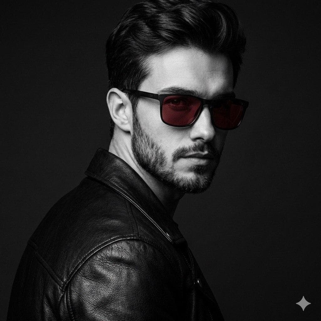 Use 100% of the uploaded reference image for the exact face, identity, and facial structure — do not alter facial features. A high-contrast black-and-white fashion portrait of a handsome young man in his late 20s with black hair and a well-groomed black beard, looking over his shoulder toward the…