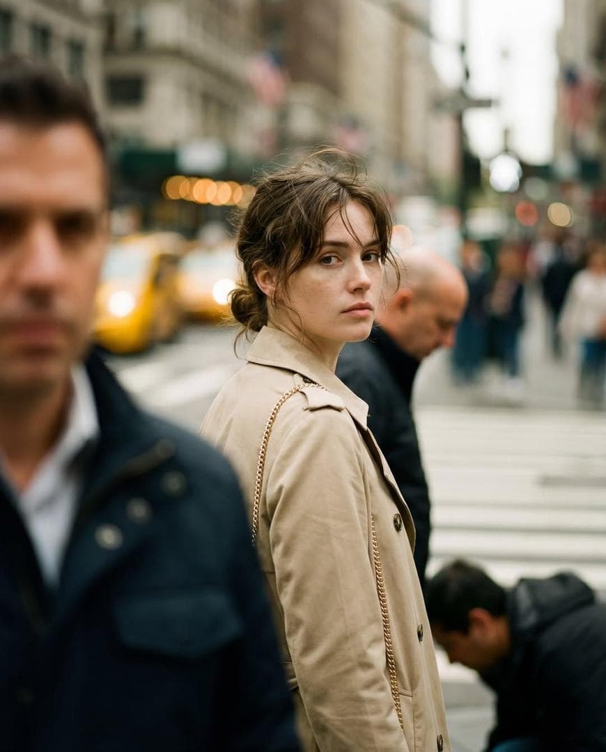 { "Objective": "Create a realistic candid street photograph with cinematic documentary realism", "PersonaDetails": { "Subject": { "Type": "Young woman", "Pose": "Standing at a city crosswalk, captured mid-turn", "Gaze": "Looking directly toward the camera", "Expression": "Calm, introspective, slightly distant", "Hair": "Loosely tied back with soft strands framing the face", "Wardrobe": { "Outerwear": "Beige trench coat", "Accessories": "Thin gold chain shoulder bag" } } }, "SceneDescription": { "Location": "Busy urban crosswalk", "BackgroundElements": [ "Pedestrians in motion", "Yellow taxis", "Tall city buildings" ], "Motion": "Subtle background movement suggesting city life" }, "Composition": { "Framing": "Waist-up candid framing", "Moment": "Unposed, spontaneous mid-turn capture", "DepthOfField": "Shallow depth of field", "Focus": "Ultra-sharp subject with background motion blur" }, "LightingAndColor": { "Lighting": "Natural overcast daylight", "ColorPalette": "Muted neutral tones", "Bokeh": "Soft cinematic bokeh" }, "PhotographyStyle": { "Genre": "Street photography", "Aesthetic": "Documentary-style realism", "LensLook": "85mm lens perspective", "DetailLevel": "High detail…