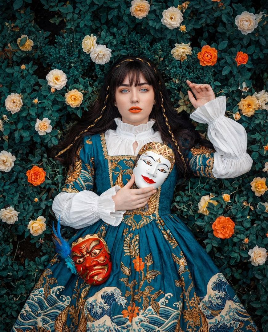 { "subject": { "hair": { "length": "long", "color": "dark", "style": "flowing, face-framing", "bangs": true, "accents": { "type": "braided", "color": "gold" } }, "eyes": { "color": "light blue", "expression": "serene", "gaze": "direct" }, "lips": { "color": "vibrant orange" } }, "attire": { "gown": { "style": "opulent historical-inspired", "main_color": "rich teal-blue", "collar": "high ruffled white", "sleeves": "voluminous white with gathered cuffs", "fabric": { "pattern": "Indonesian batik + Ukiyo-e wave motifs", "pattern_colors": ["gold", "subtle orange"], "detail": "intricate" } } }, "props": { "right_hand_mask": { "origin": "Indonesian Javanese wayang-inspired", "base_color": "white", "lips": "red", "expression": "happy", "decoration": "gold patterns" }, "left_arm_mask": { "origin": "Indonesian traditional", "base_color": "red", "expression": "angry", "decoration": "gold patterns", "feather_accent": "blue" } }, "pose": { "composition": "contrapposto", "orientation": "slightly facing left", "posture": "lying languidly", "framing": "centered" }, "shot": { "type": "top-down overhead medium shot", "focus": "centered on the woman" }, "background": { "foliage": { "color": "dark teal-green", "density": "dense" }, "flowers": [ { "type"…