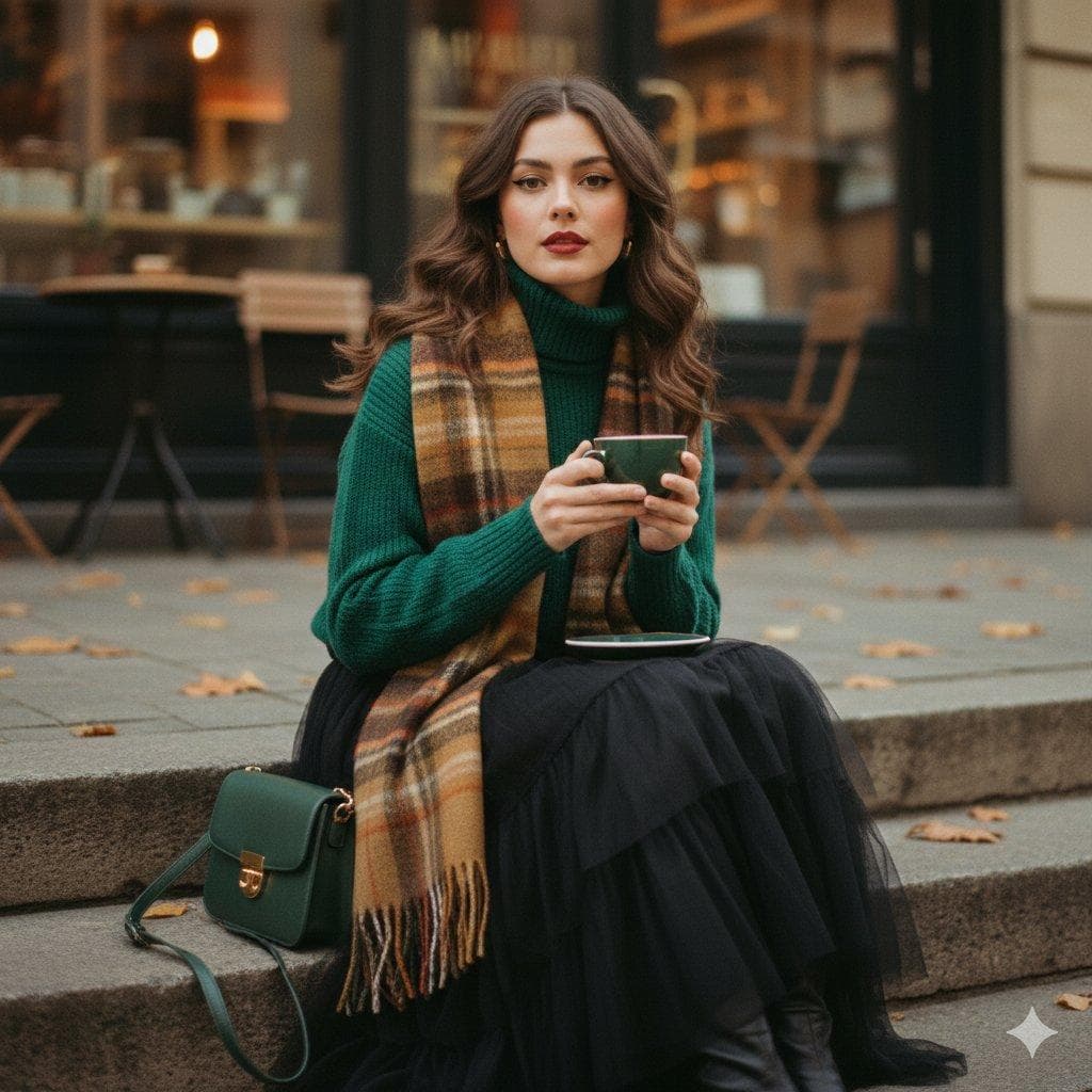 A cinematic 1970s-inspired fashion portrait of a young woman seated on worn stone steps outside a cozy street café. She holds a deep-green ceramic coffee cup with gold rim accents, resting it gently in her hands, gazing softly at the camera with calm, timeless confidence. Her hair falls in natural waves with loose strands framing her face, styled with vintage 1970s elegance. Makeup is classic: matte crimson lips, subtle winged eyeliner, warm blush, and softly defined brows. She wears a relaxed forest-green knitted sweater paired with a flowing black tulle skirt, complemented by a warm plaid scarf in earthy tones. A dark-green leather crossbody bag with gold details sits beside her. The background shows…